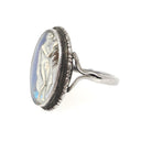 Morpho Butterfly Wing Ring - Art Deco English Silver Blue Chitin & Figural Woman - Circa 1930s Era Size 3 3/4 Classic Greek Souvenir Jewelry