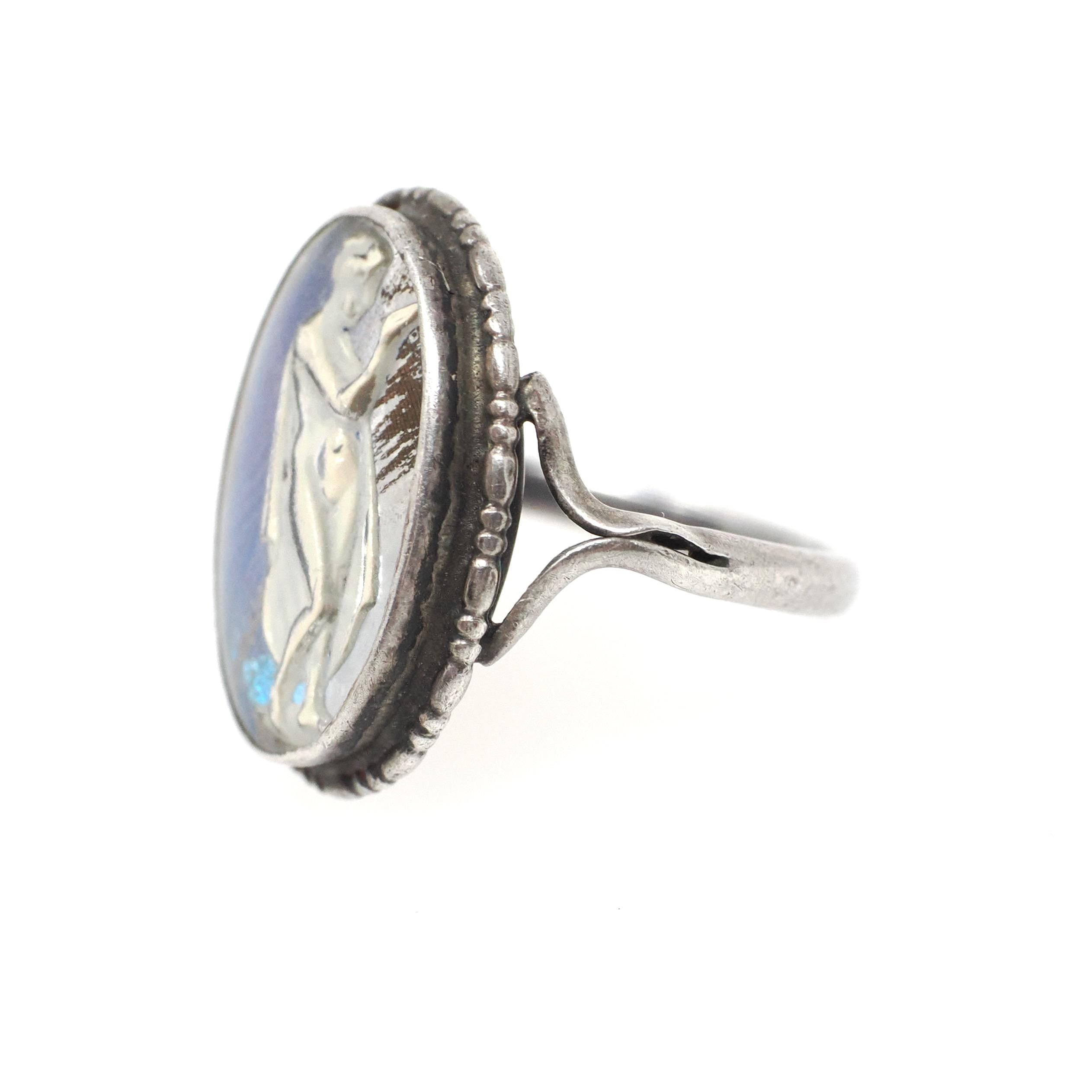 Morpho Butterfly Wing Ring - Art Deco English Silver Blue Chitin & Figural Woman - Circa 1930s Era Size 3 3/4 Classic Greek Souvenir Jewelry