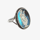 Morpho Butterfly Wing Ring - Art Deco English Silver Blue Chitin & Figural Woman - Circa 1930s Era Size 3 3/4 Classic Greek Souvenir Jewelry