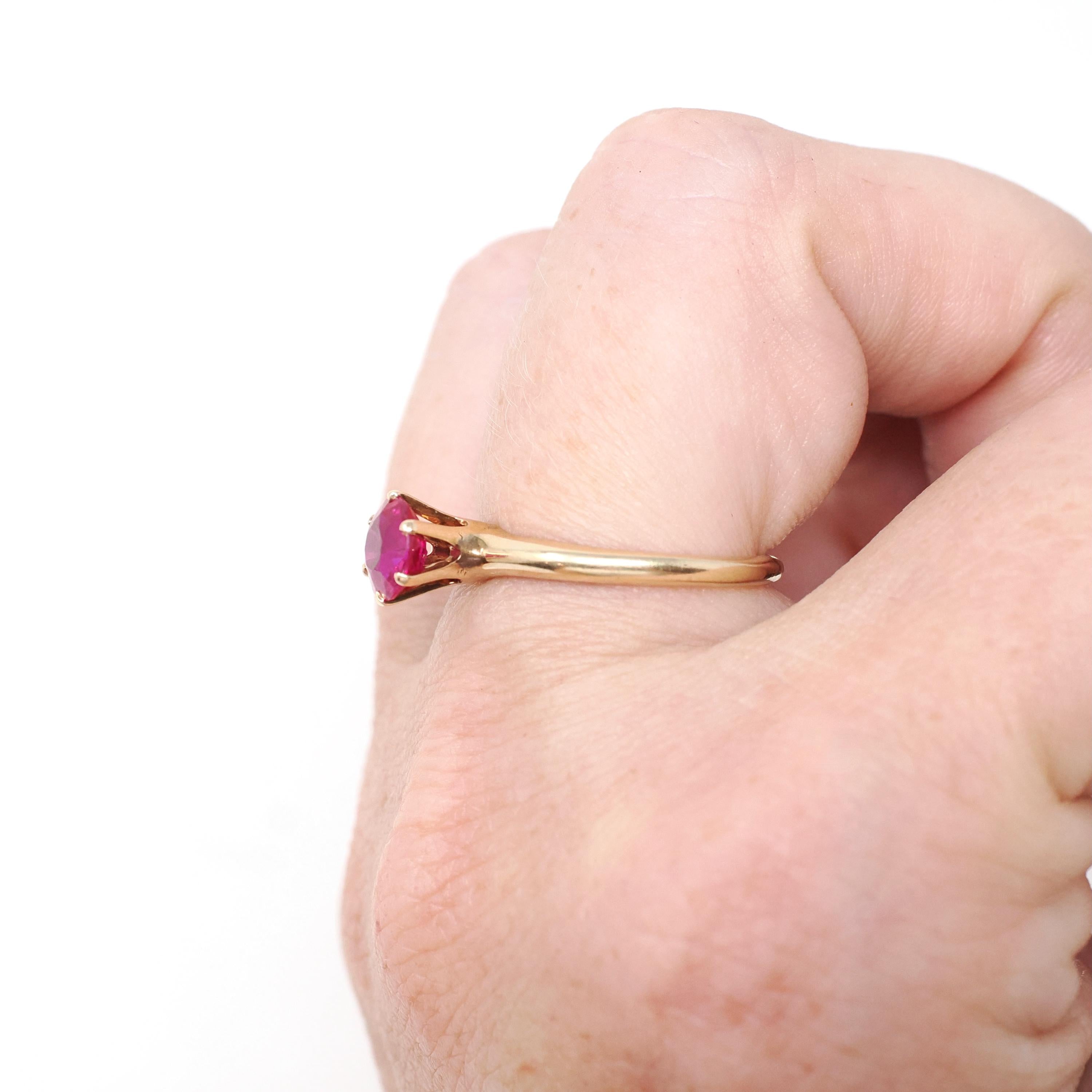Created Ruby Ring - Mid Century 14k Yellow Gold Round Faceted .83 CT Red Pink Stone - Vintage Circa 1950s Era Size 5 3/4 Solitaire Jewelry
