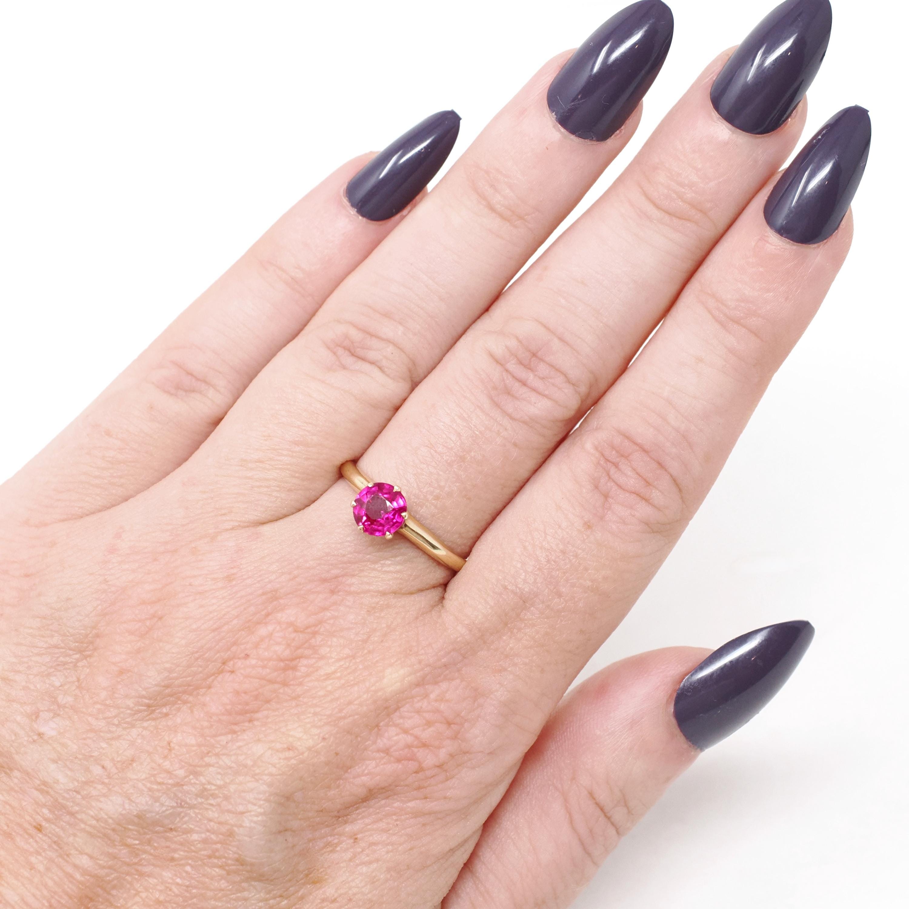Created Ruby Ring - Mid Century 14k Yellow Gold Round Faceted .83 CT Red Pink Stone - Vintage Circa 1950s Era Size 5 3/4 Solitaire Jewelry