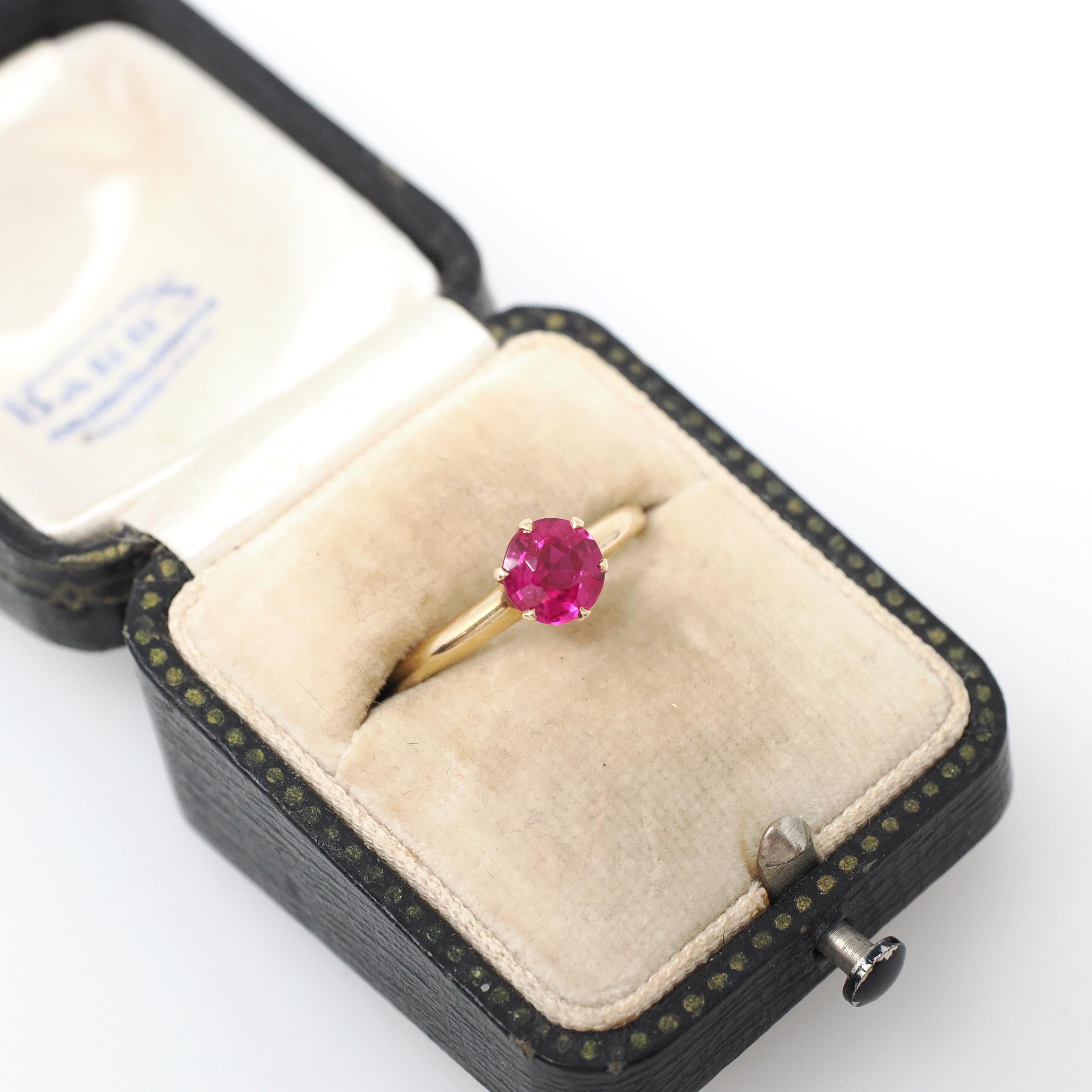 Created Ruby Ring - Mid Century 14k Yellow Gold Round Faceted .83 CT Red Pink Stone - Vintage Circa 1950s Era Size 5 3/4 Solitaire Jewelry