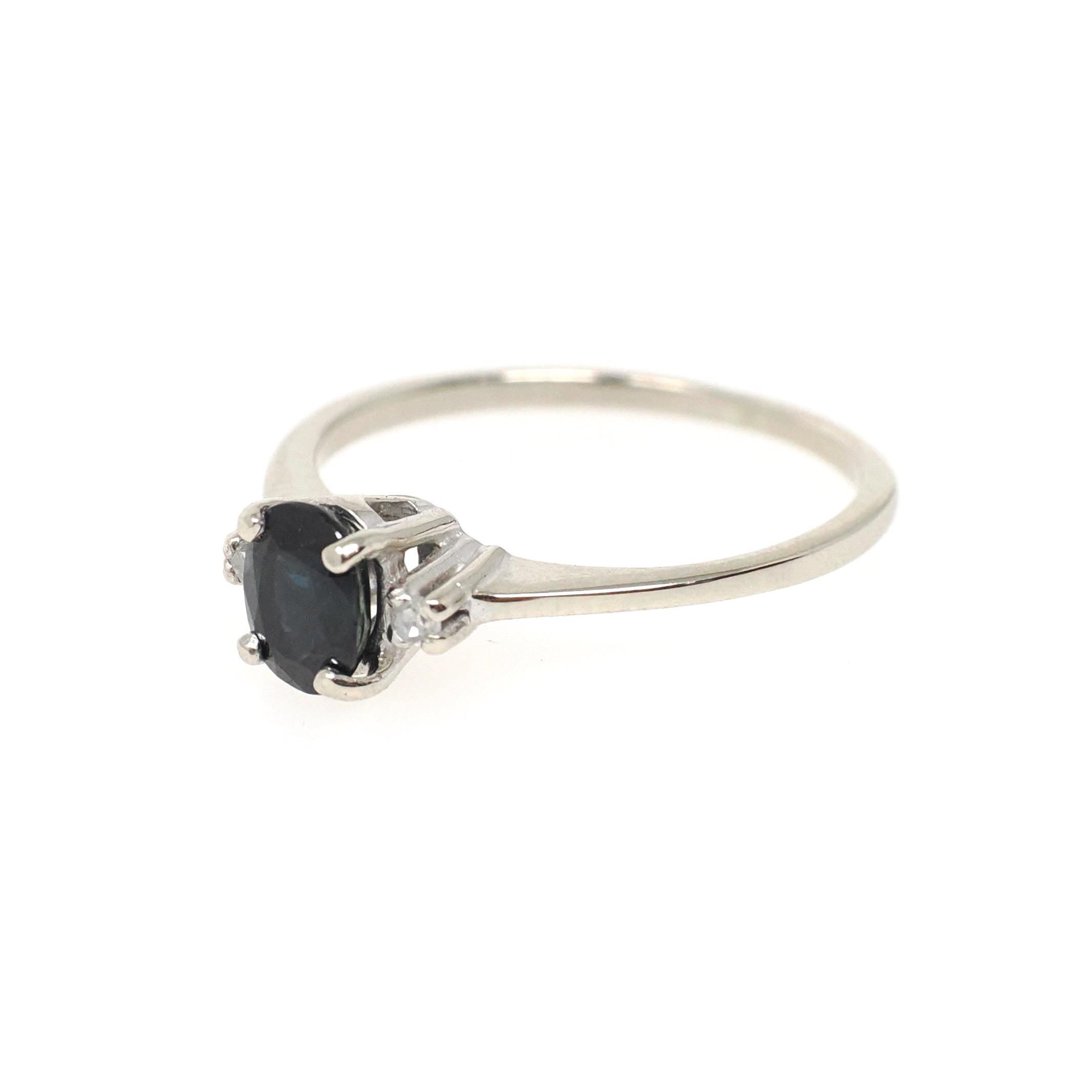 Vintage Sapphire Ring - Mid Century 10k White Gold Blue Oval Faceted .64 CT Gem - Circa 1950s Era Size 5 1/2 Diamond Accented Fine Jewelry