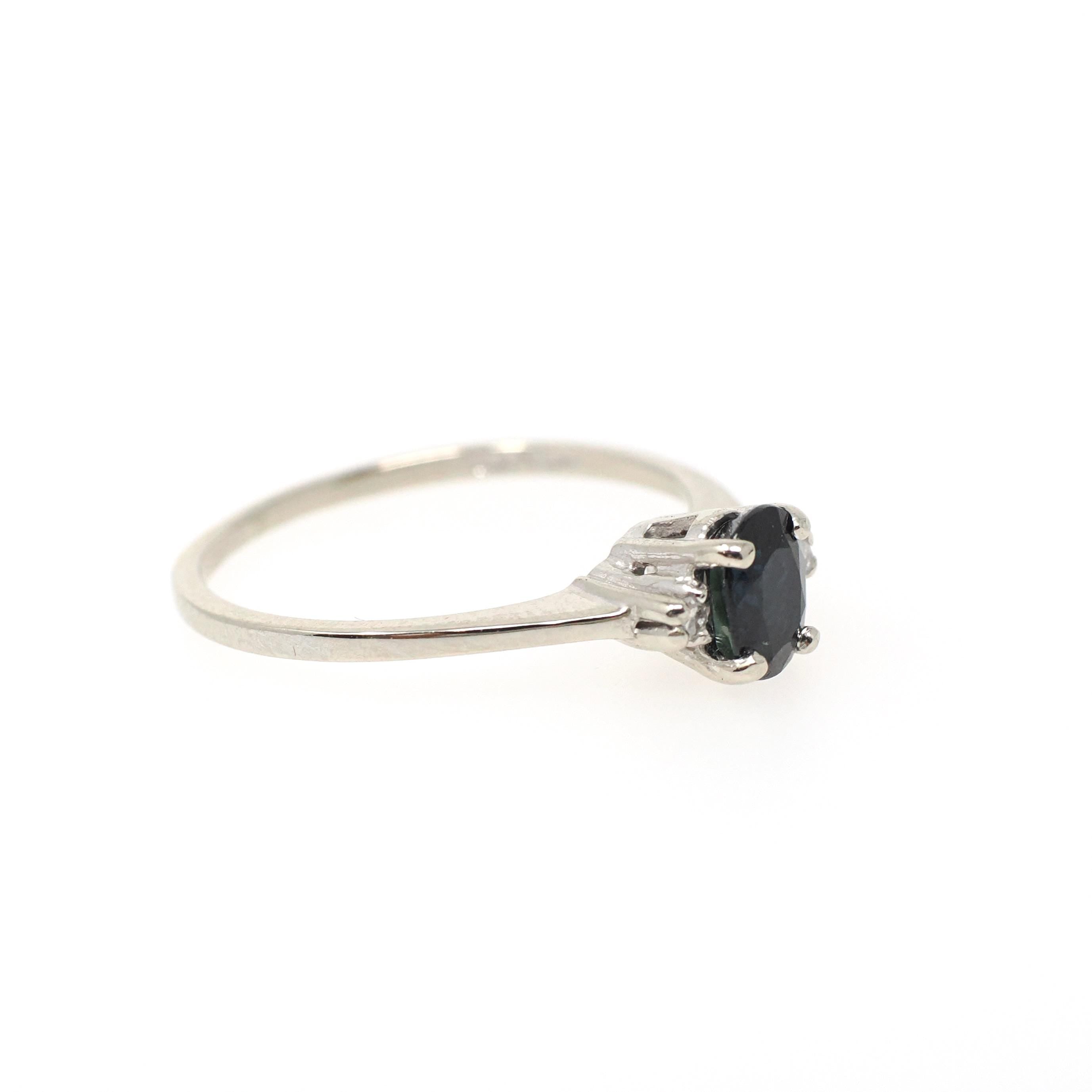 Vintage Sapphire Ring - Mid Century 10k White Gold Blue Oval Faceted .64 CT Gem - Circa 1950s Era Size 5 1/2 Diamond Accented Fine Jewelry