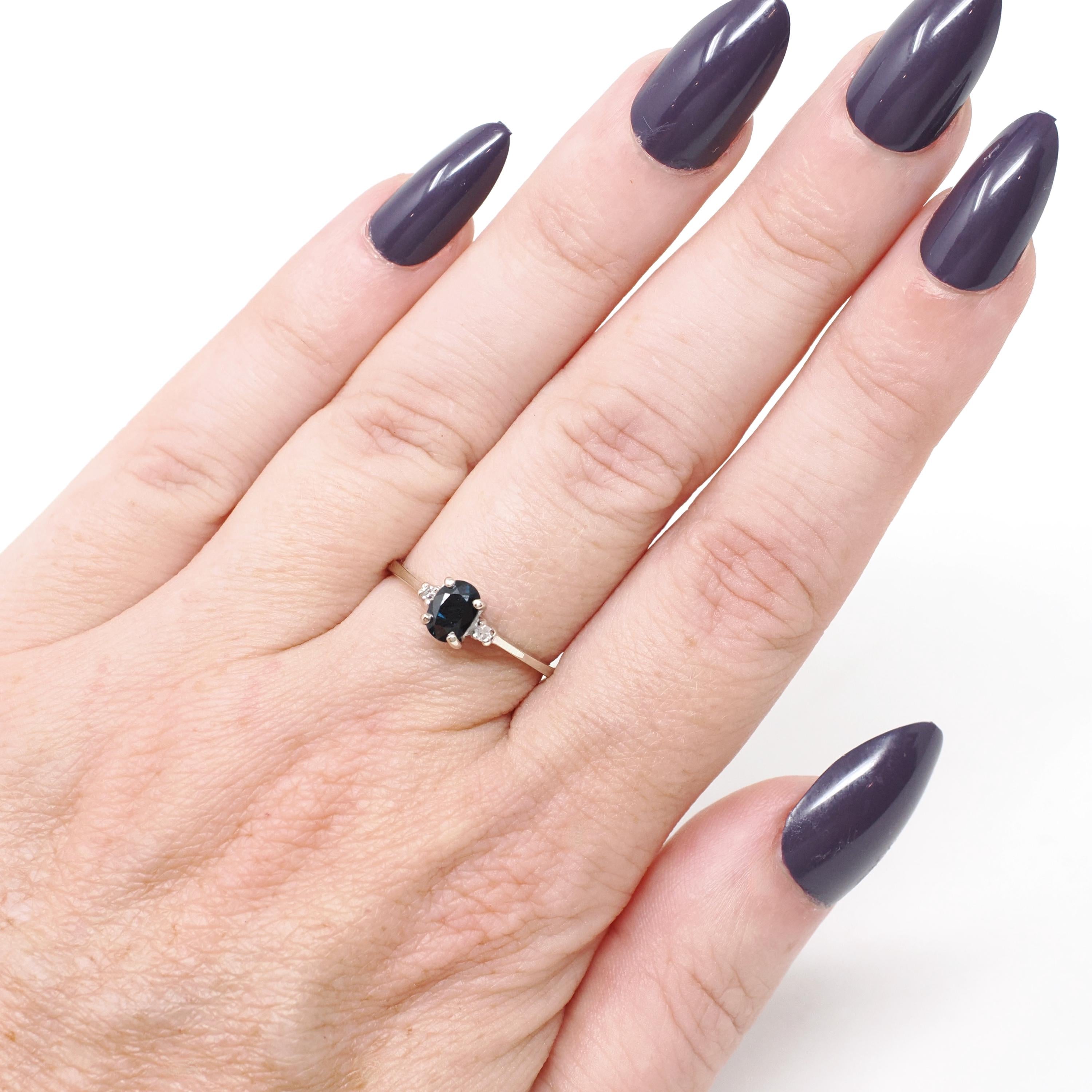 Vintage Sapphire Ring - Mid Century 10k White Gold Blue Oval Faceted .64 CT Gem - Circa 1950s Era Size 5 1/2 Diamond Accented Fine Jewelry