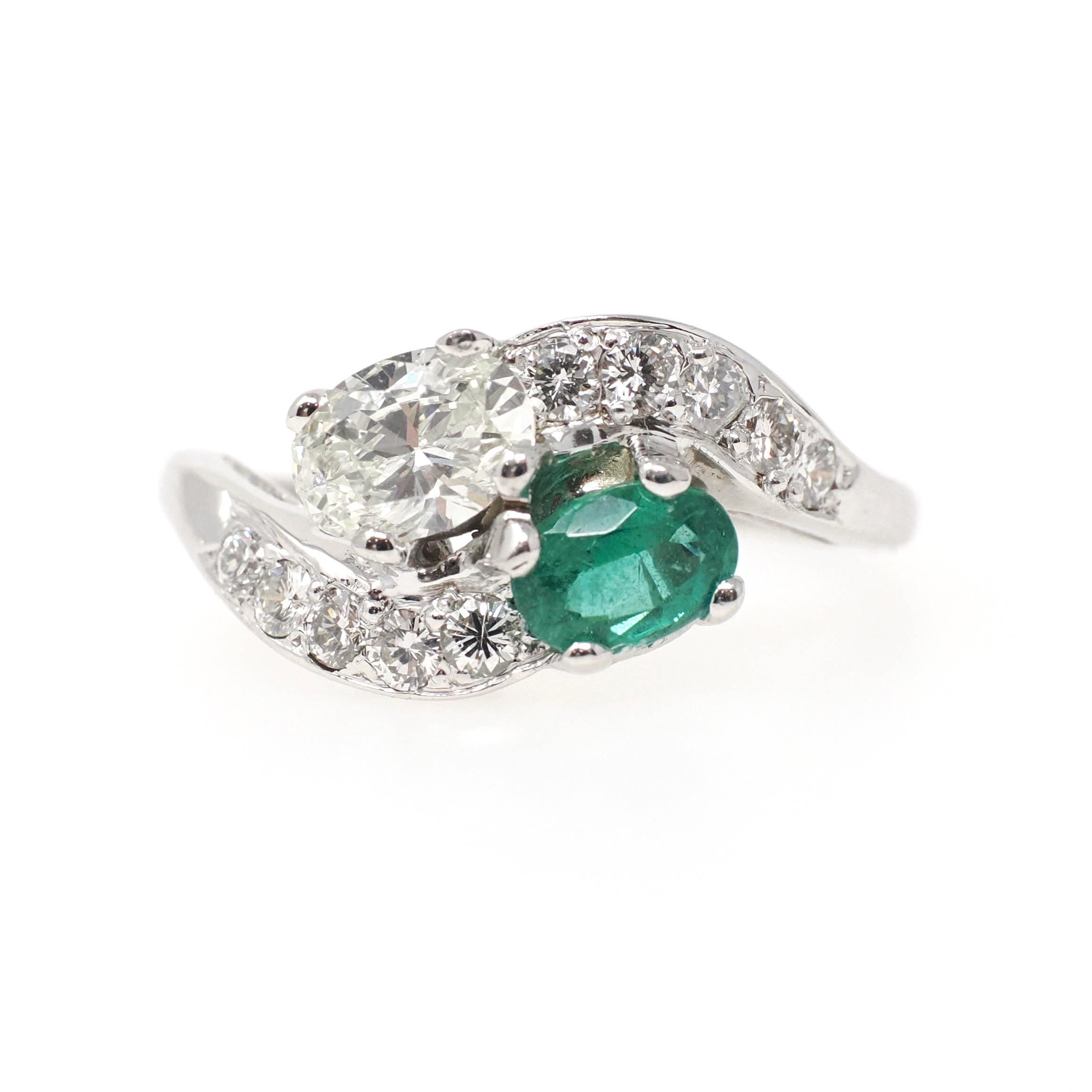 Vintage Toi Et Moi Ring - Mid Century 14k White Gold Natural Green Emerald & Diamond - Circa 1950s Size 8 1/4 Bypass Engagement Fine Jewelry