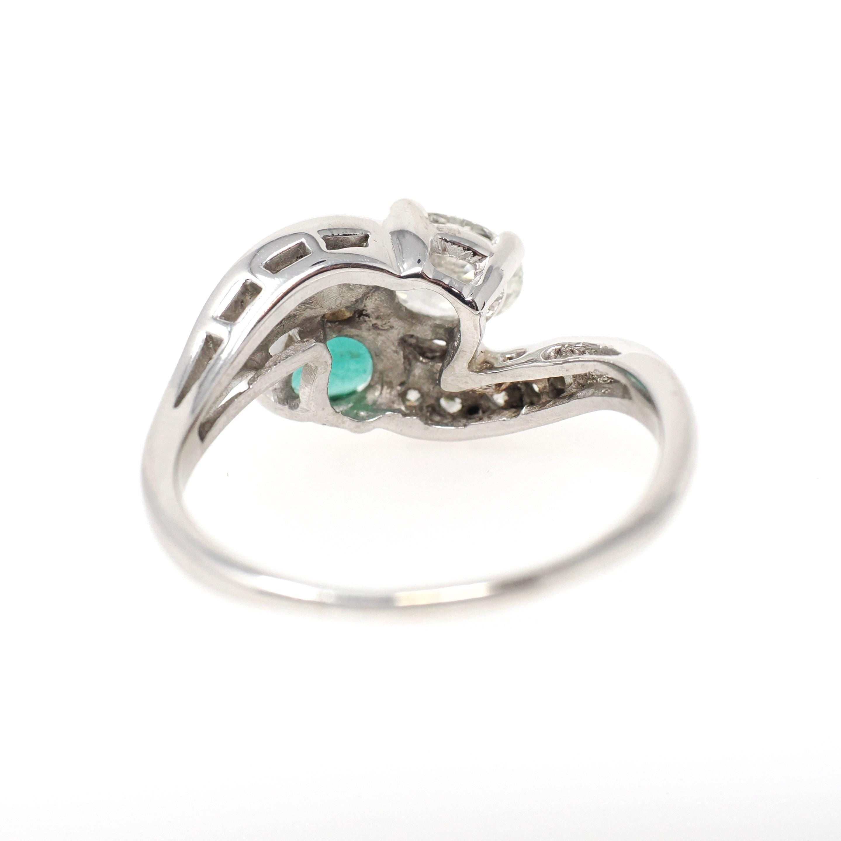 Vintage Toi Et Moi Ring - Mid Century 14k White Gold Natural Green Emerald & Diamond - Circa 1950s Size 8 1/4 Bypass Engagement Fine Jewelry