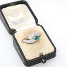 Vintage Toi Et Moi Ring - Mid Century 14k White Gold Natural Green Emerald & Diamond - Circa 1950s Size 8 1/4 Bypass Engagement Fine Jewelry