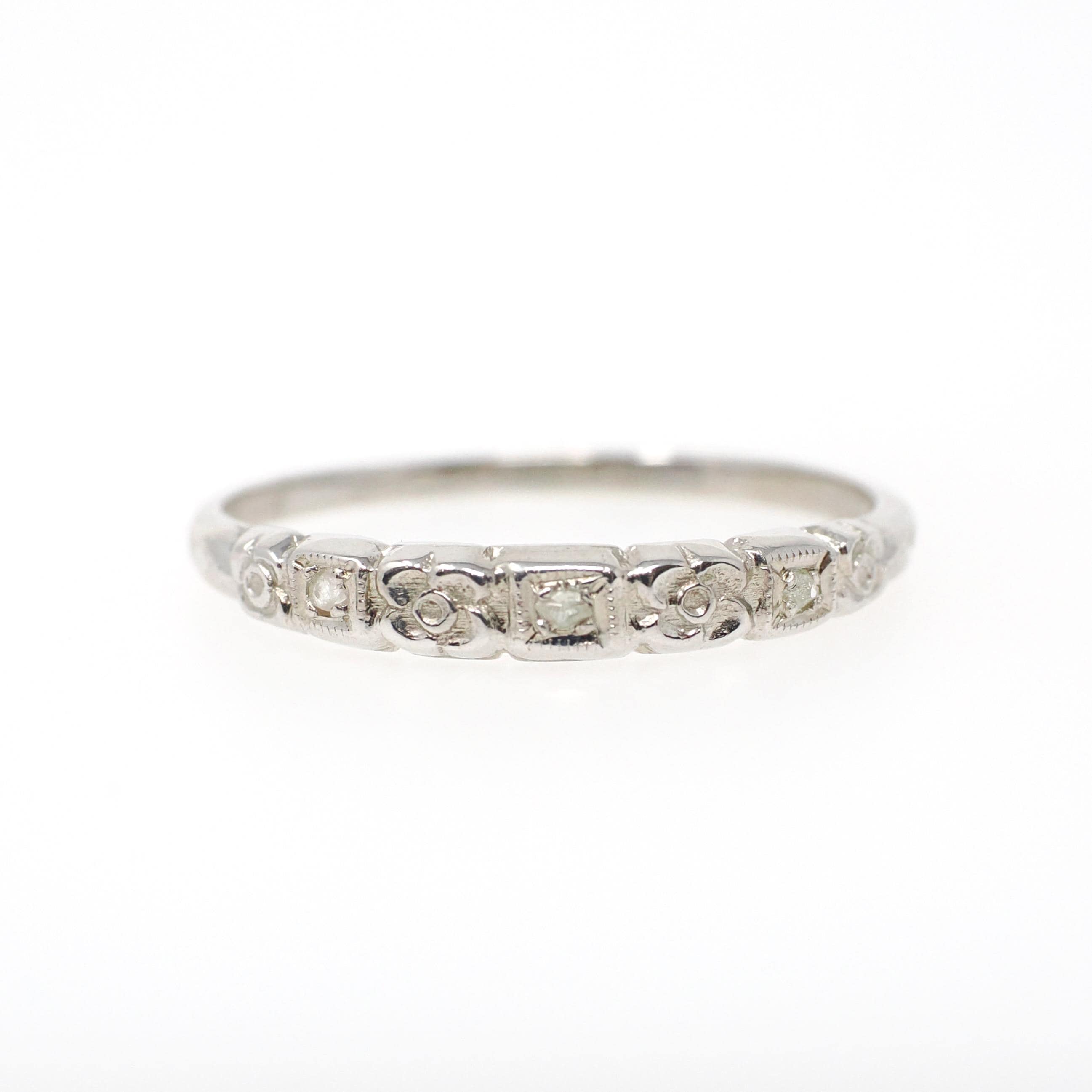 Diamond Wedding Band - Vintage 14k White Gold Natural .03 CTW Ring - Mid Century Circa 1950s Era Size 7 1/2 Stacking Fine Bridal Jewelry