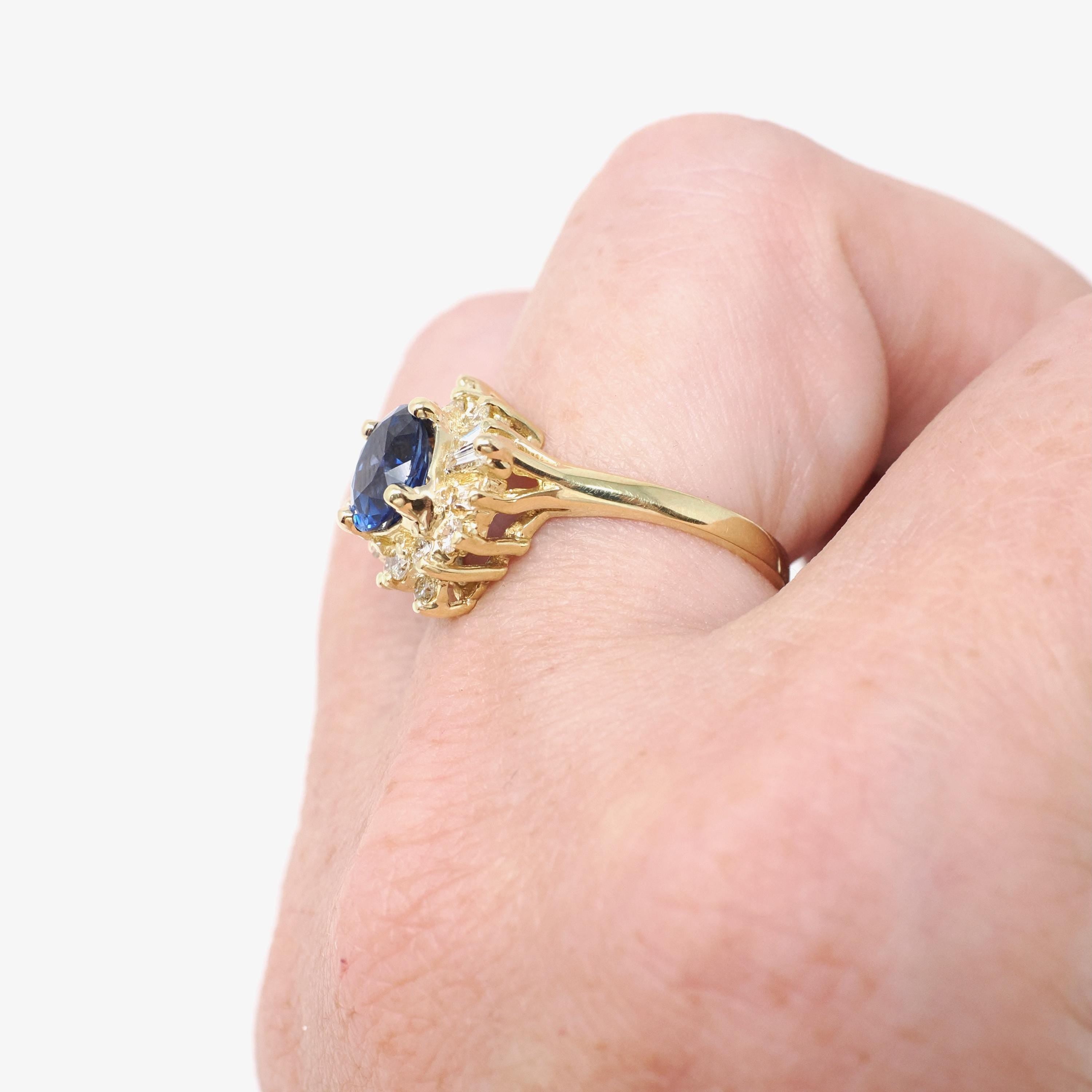 Sapphire & Diamond Ring - 18k Yellow Gold Blue Gem .55 CTW Diamond Halo - Contemporary Size 5.75 Ballerina Fine GIA Origin Report Jewelry