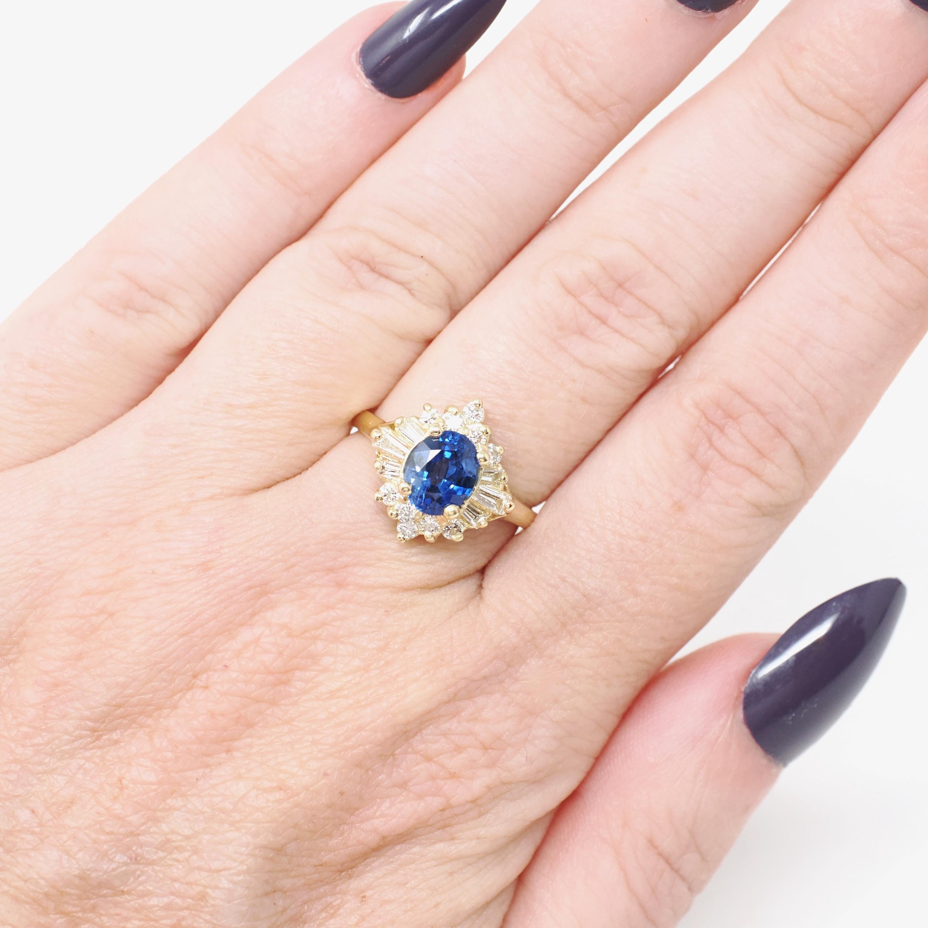 Sapphire & Diamond Ring - 18k Yellow Gold Blue Gem .55 CTW Diamond Halo - Contemporary Size 5.75 Ballerina Fine GIA Origin Report Jewelry