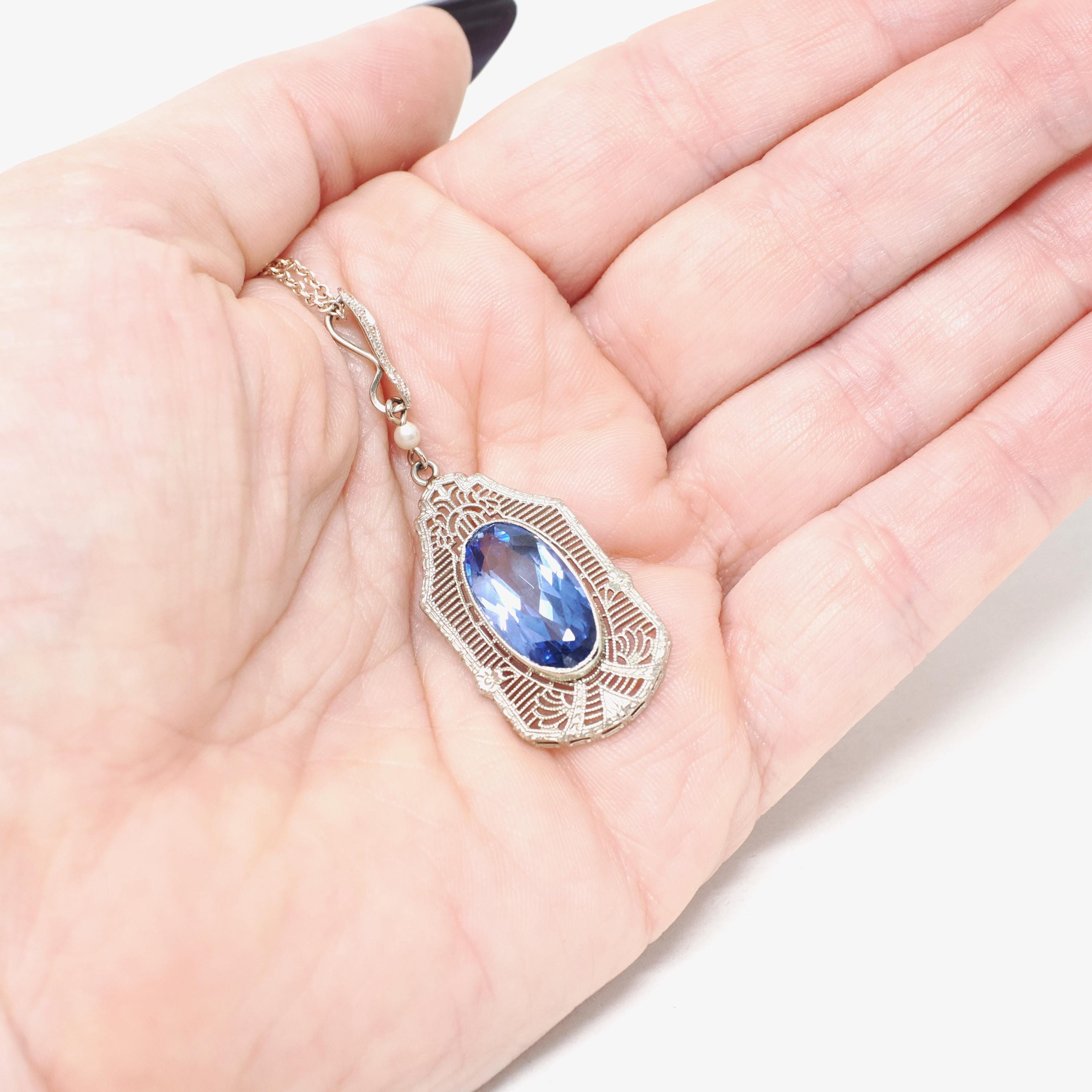 Art Deco Necklace - Vintage 10k White Gold Created Blue Sapphire Simulated Seed Pearl Pendant - Circa 1930s Era Filigree Statement Jewelry