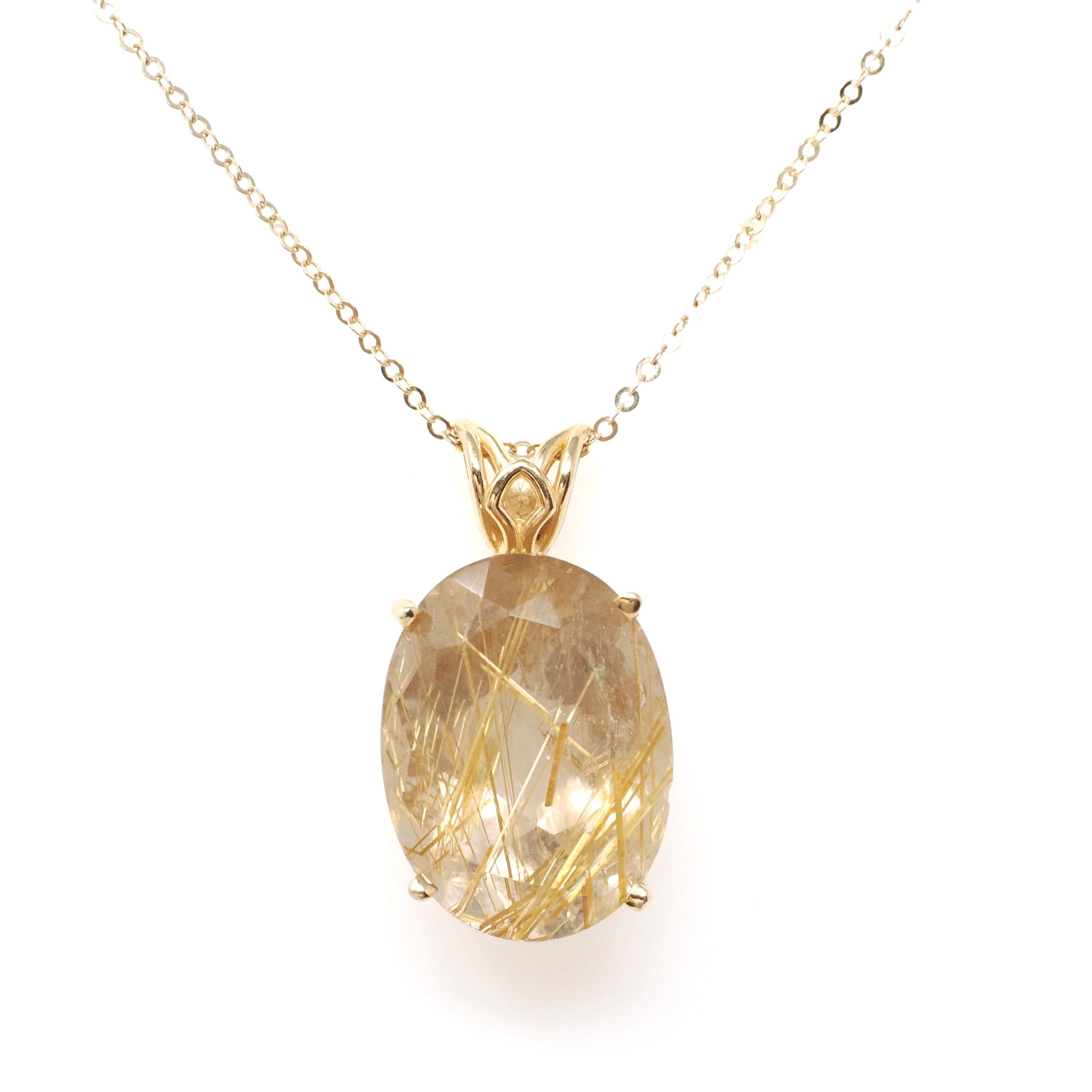 Rutilated Quartz Necklace - Modern Estate 14k Yellow Gold Natural Gemstone Floral Pendant Charm - Circa 2000s Fine Venus Hair Stone Jewelry