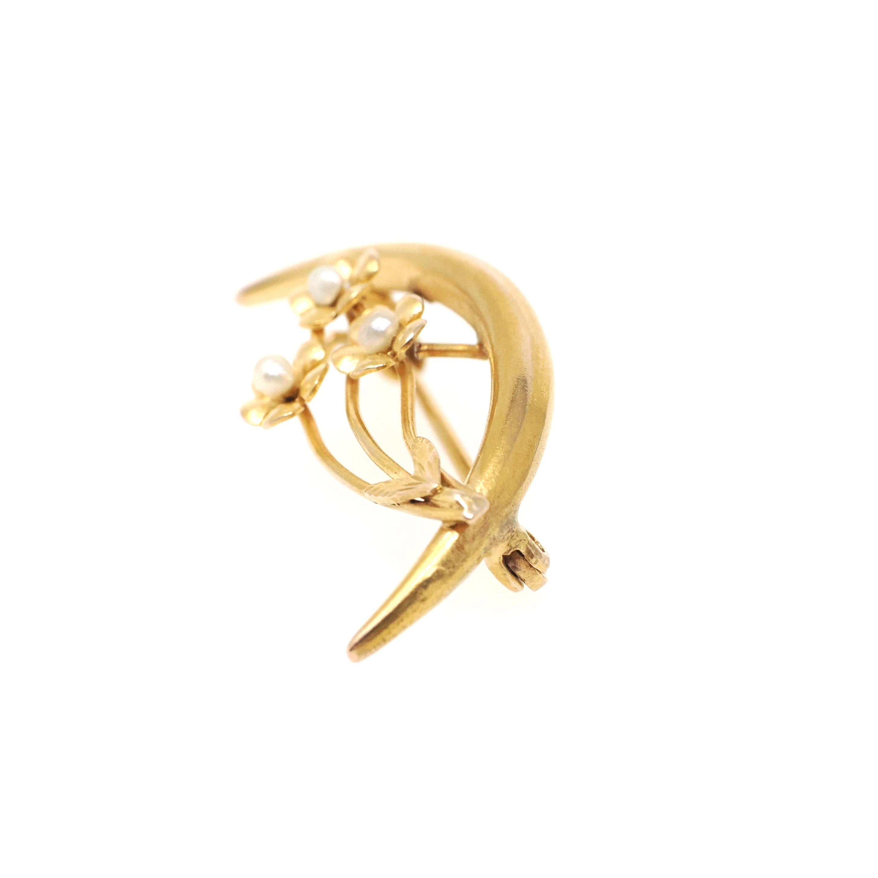 Antique Moon Brooch - Edwardian 10k Yellow Gold Natural Seed Pearl Flower Trio Pin - Circa 1910s Celestial Crescent Bouquet Fine Jewelry