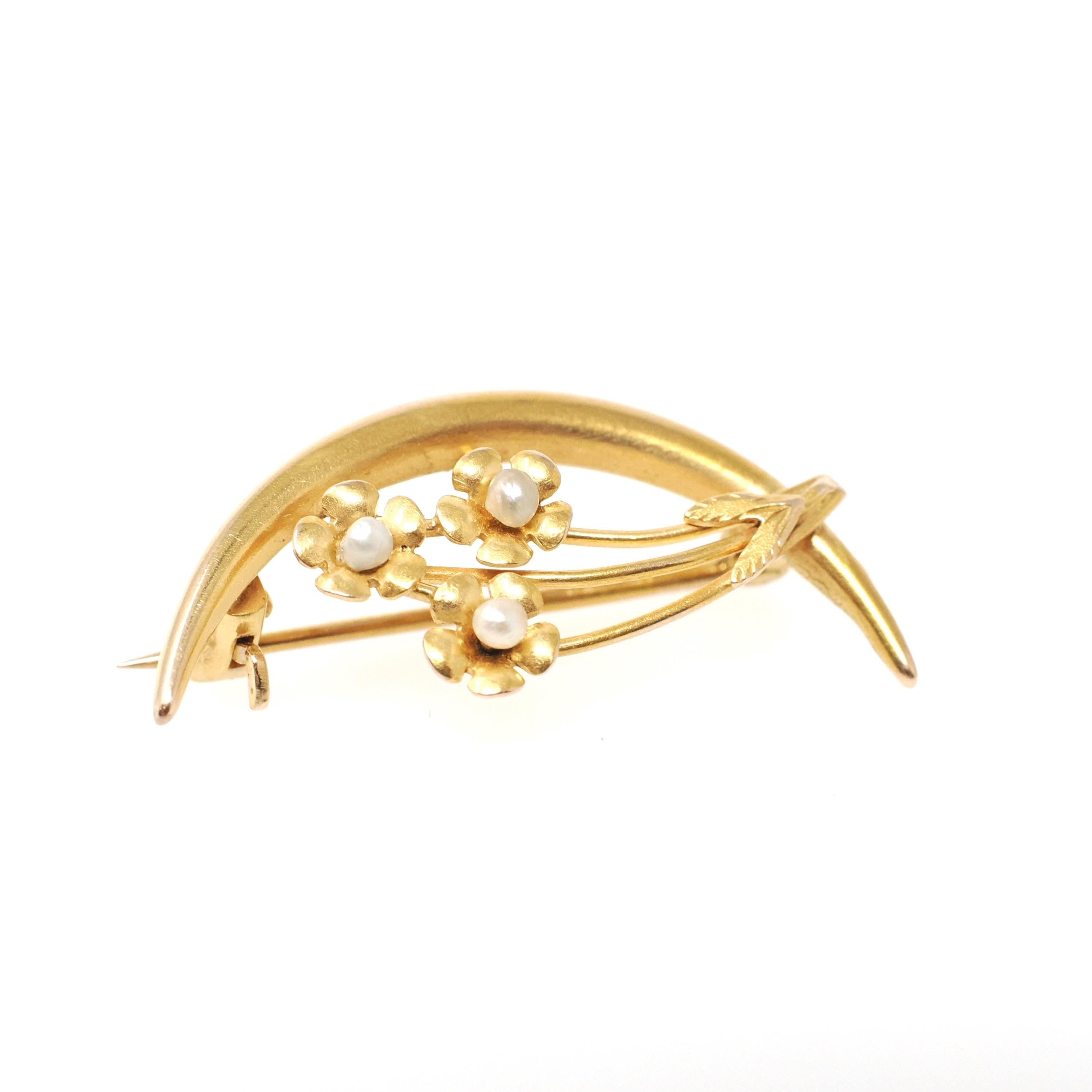 Antique Moon Brooch - Edwardian 10k Yellow Gold Natural Seed Pearl Flower Trio Pin - Circa 1910s Celestial Crescent Bouquet Fine Jewelry