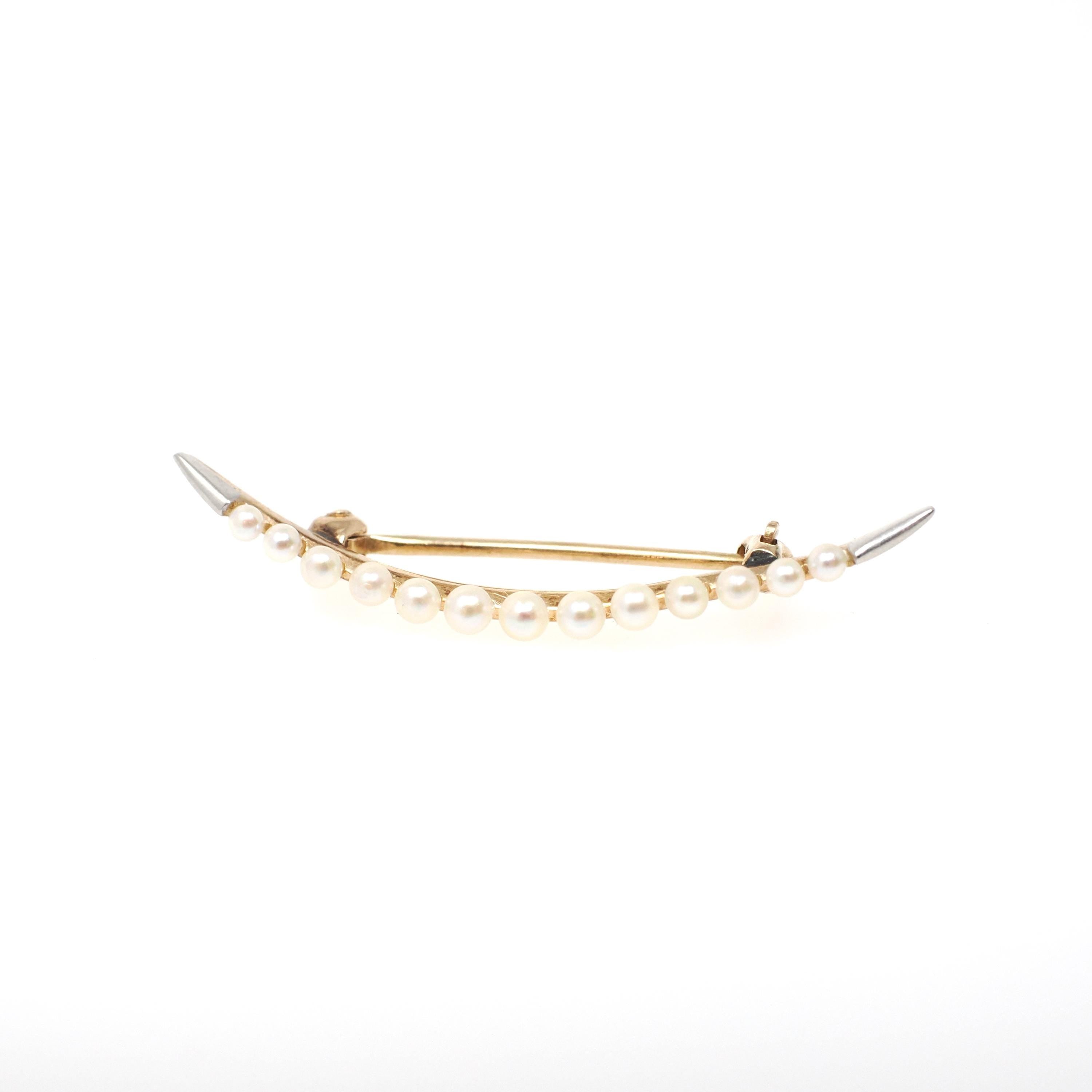 Antique Moon Brooch - Edwardian 14k Yellow Gold & Platinum Natural Seed Pearl Pin - Circa 1910s Celestial Crescent Satellite Fine Jewelry