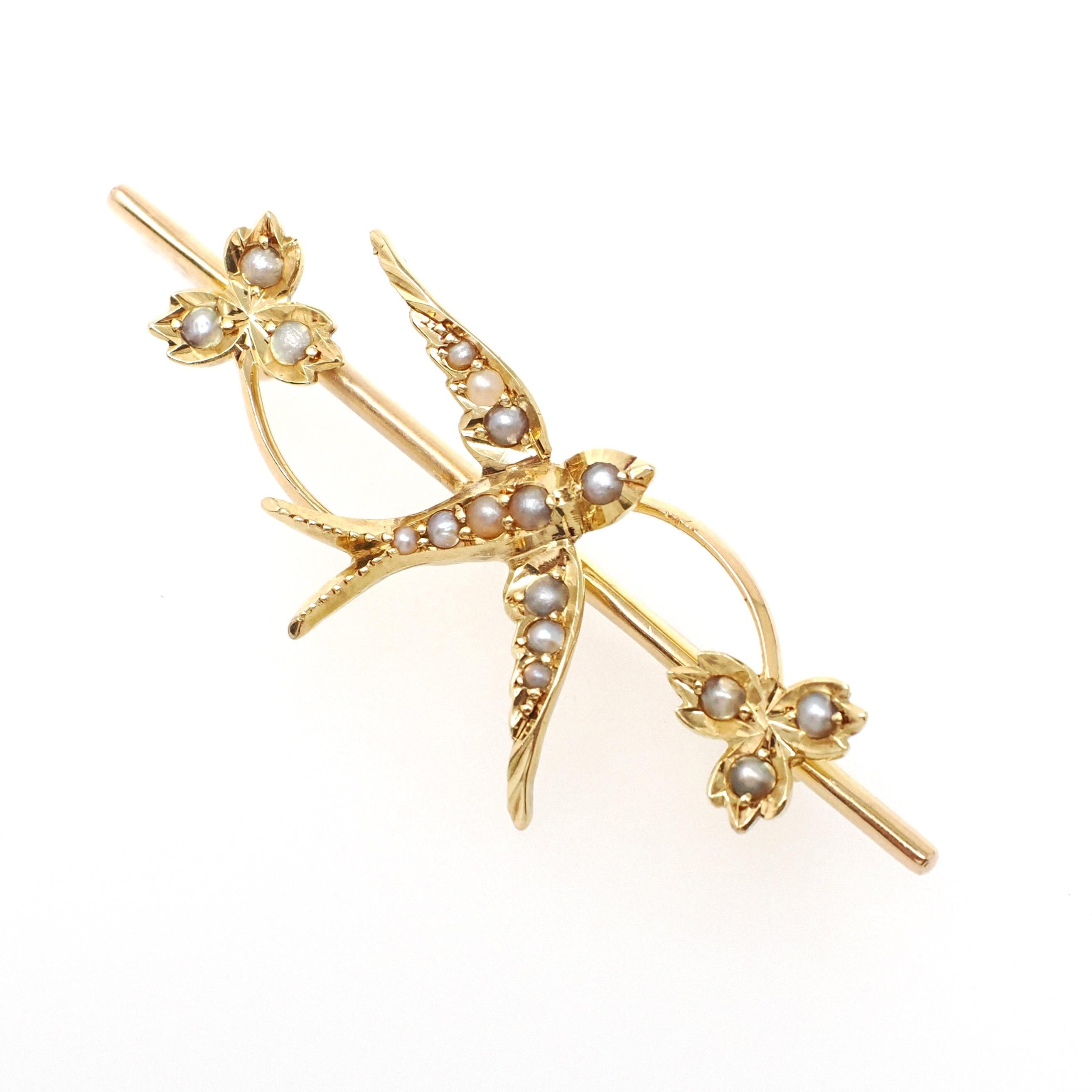 Antique Bird Brooch - Edwardian 15CT English Yellow Gold Seed Pearls Nature Inspired Bar Pin - Circa 1910s Leaf Fine Swallow Lapel Jewelry
