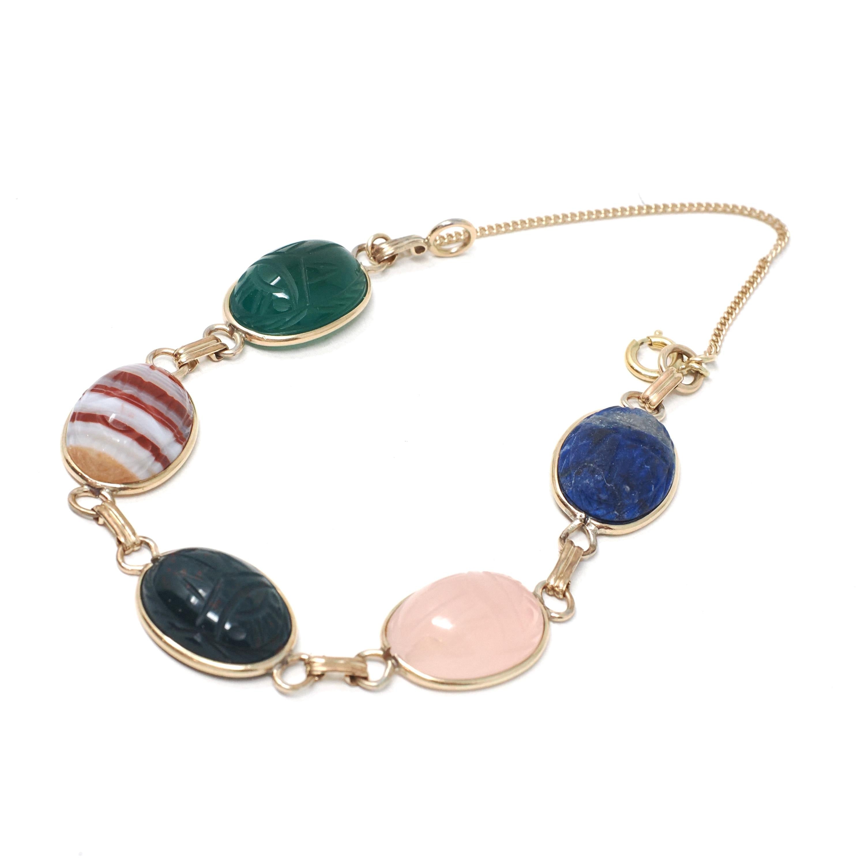 Vintage Scarab Bracelet - Retro 14k Gold Filled Carved Natural Gemstones - Circa 1960s Era Egyptian Revival Style Panel Statement Jewelry