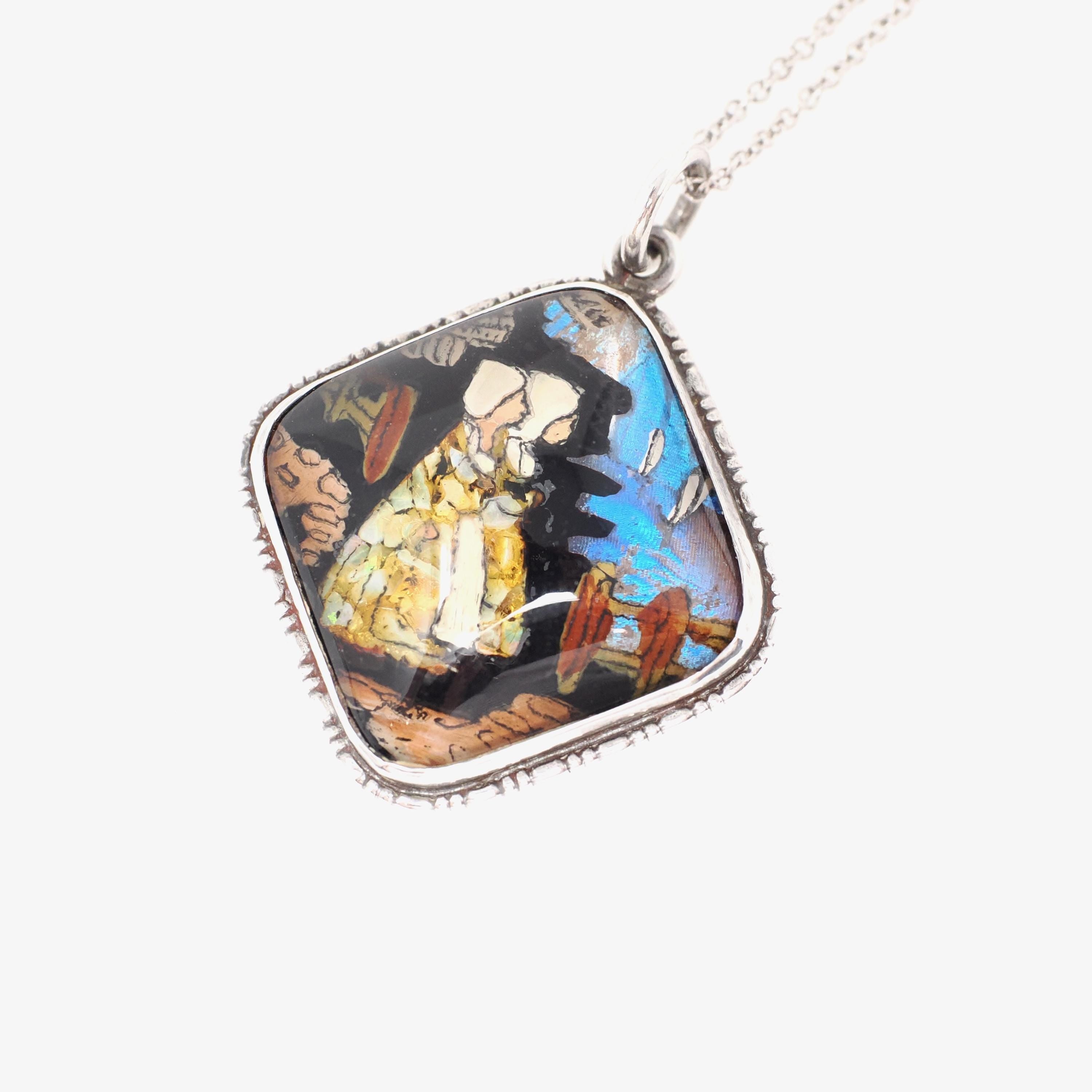 Morpho Butterfly Wing Necklace - Art Deco Sterling Silver Reverse Painted Dutch Girl Charm - Circa 1920s Patented England Opal Inlay Jewelry