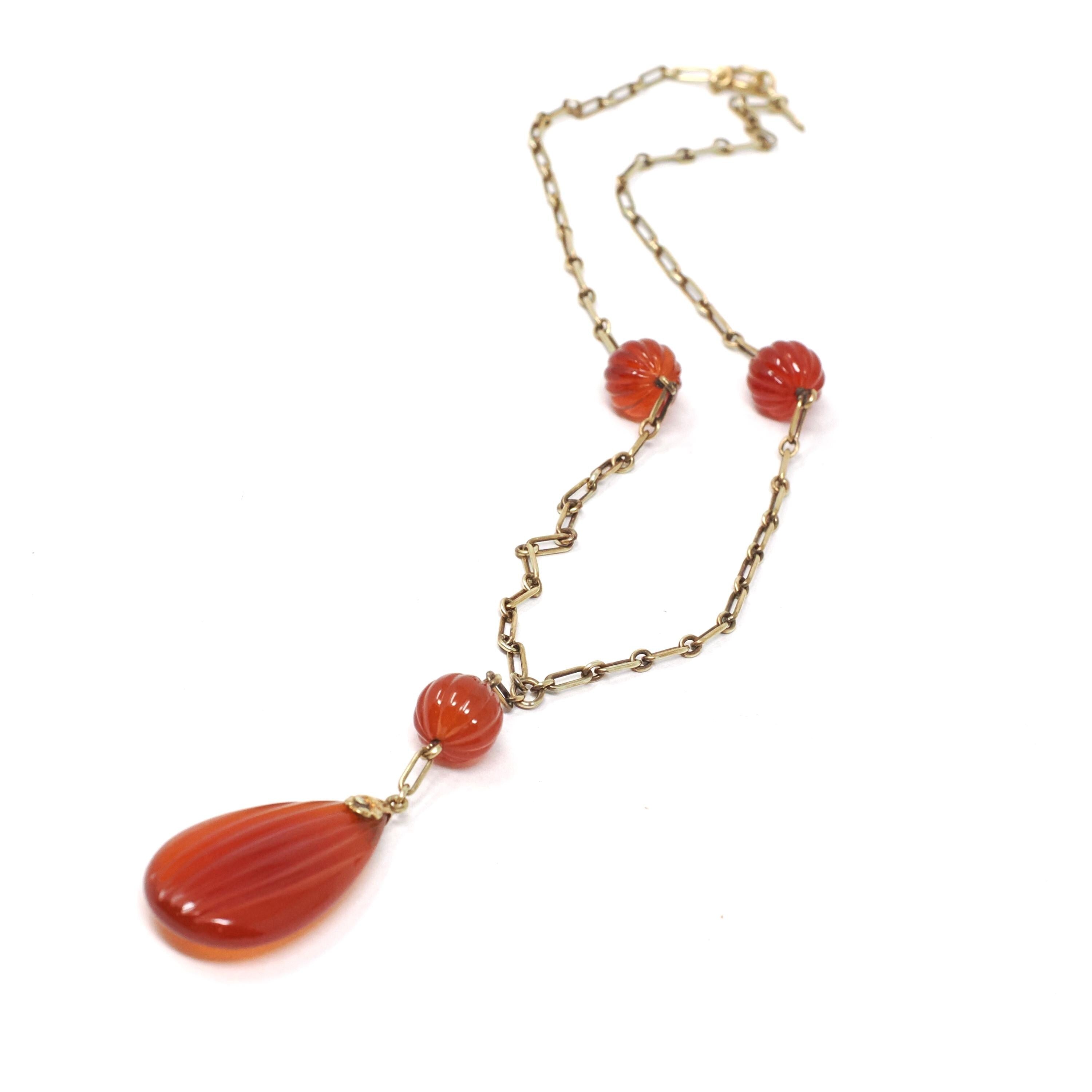 Art Deco Necklace - Vintage 14k Yellow Gold Natural Carved Orange Carnelian Gemstones - Circa 1930s Era Statement Beaded Flower Fine Jewelry