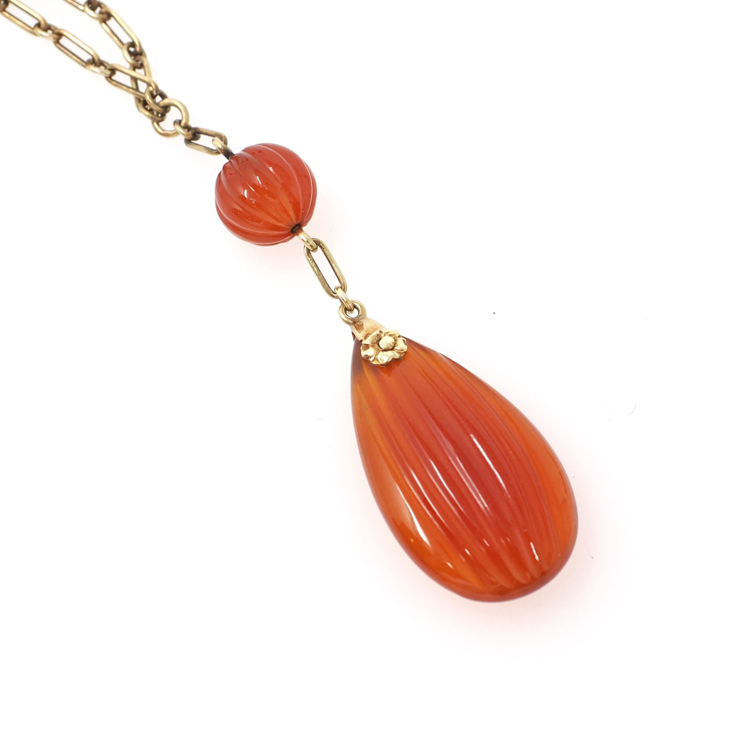 Art Deco Necklace - Vintage 14k Yellow Gold Natural Carved Orange Carnelian Gemstones - Circa 1930s Era Statement Beaded Flower Fine Jewelry