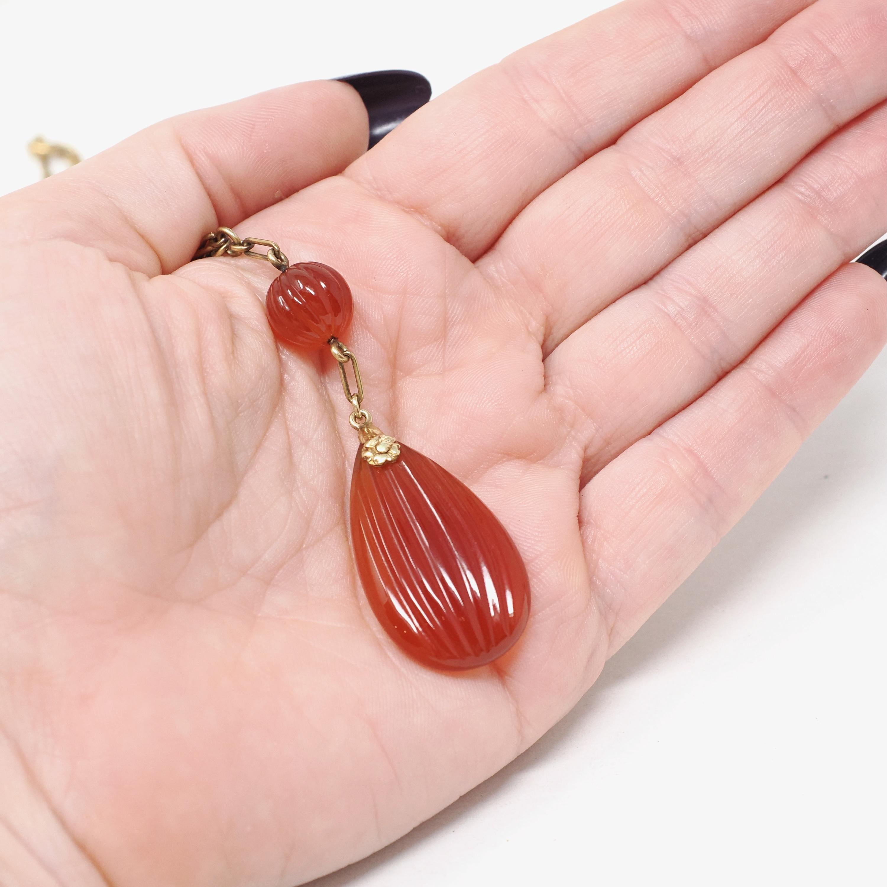 Art Deco Necklace - Vintage 14k Yellow Gold Natural Carved Orange Carnelian Gemstones - Circa 1930s Era Statement Beaded Flower Fine Jewelry