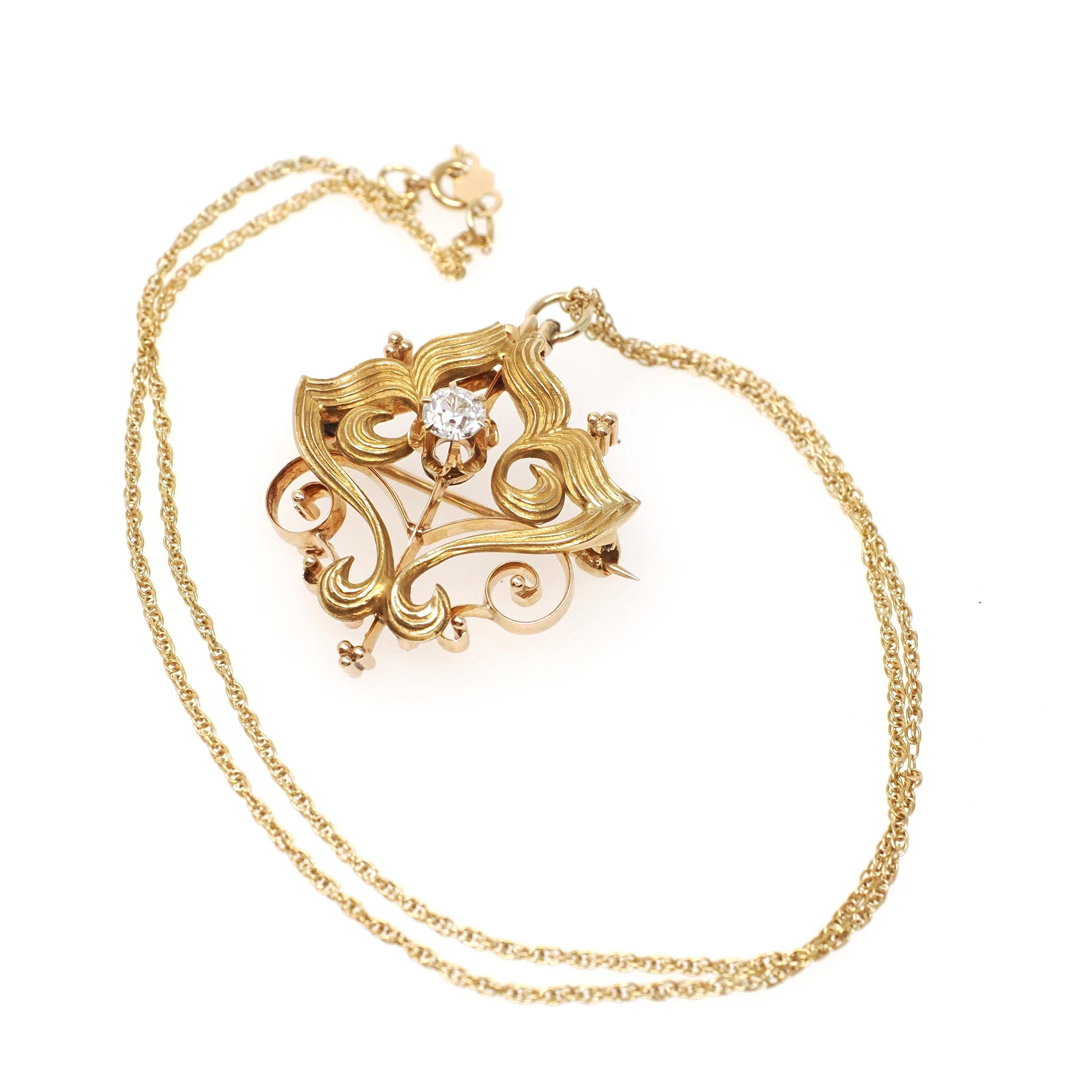 Art Nouveau Diamond Necklace - Edwardian 14k Yellow Gold Natural Diamond .31 CT Pendant Brooch Conversion - Early 1900s Era Fine Jewelry