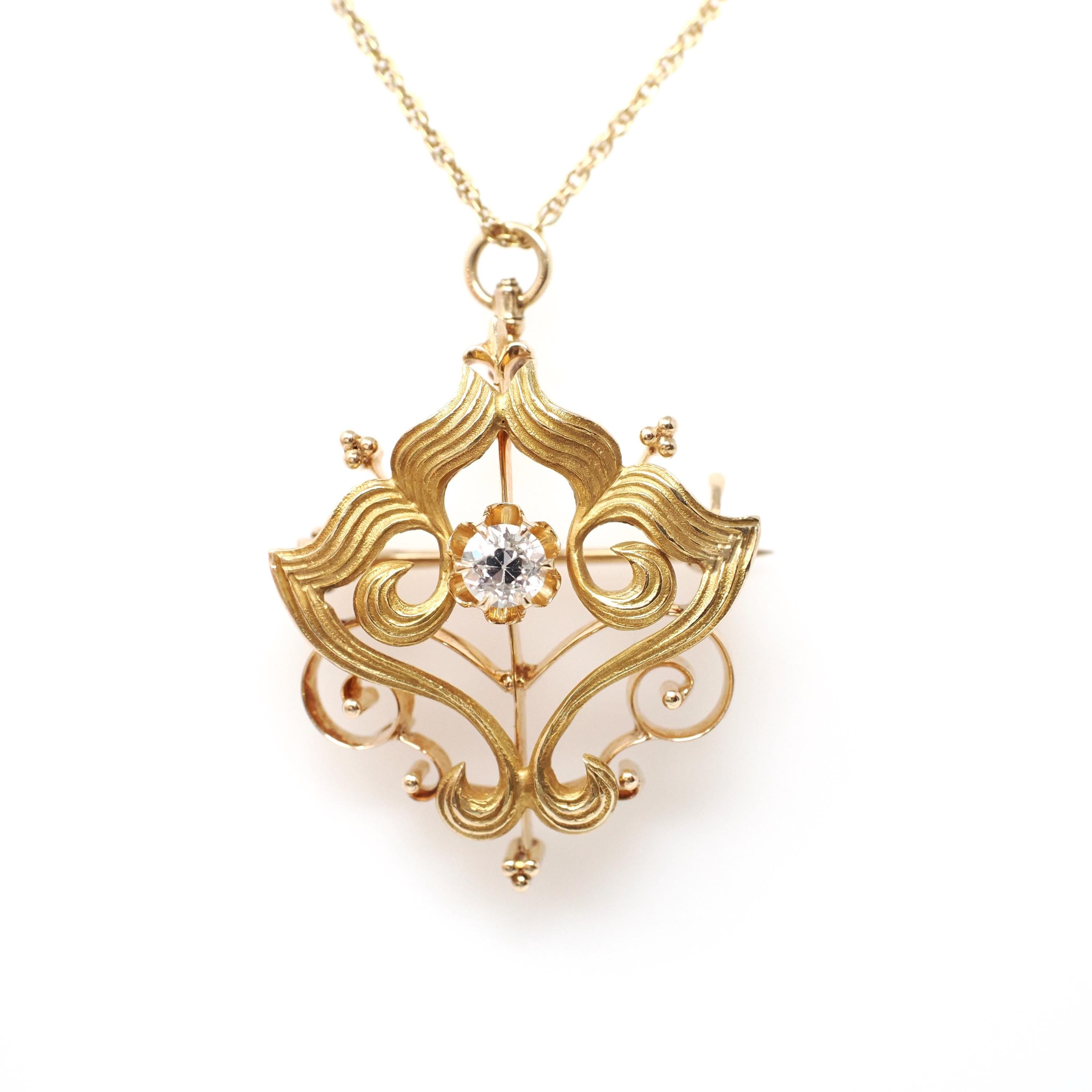 Art Nouveau Diamond Necklace - Edwardian 14k Yellow Gold Natural Diamond .31 CT Pendant Brooch Conversion - Early 1900s Era Fine Jewelry