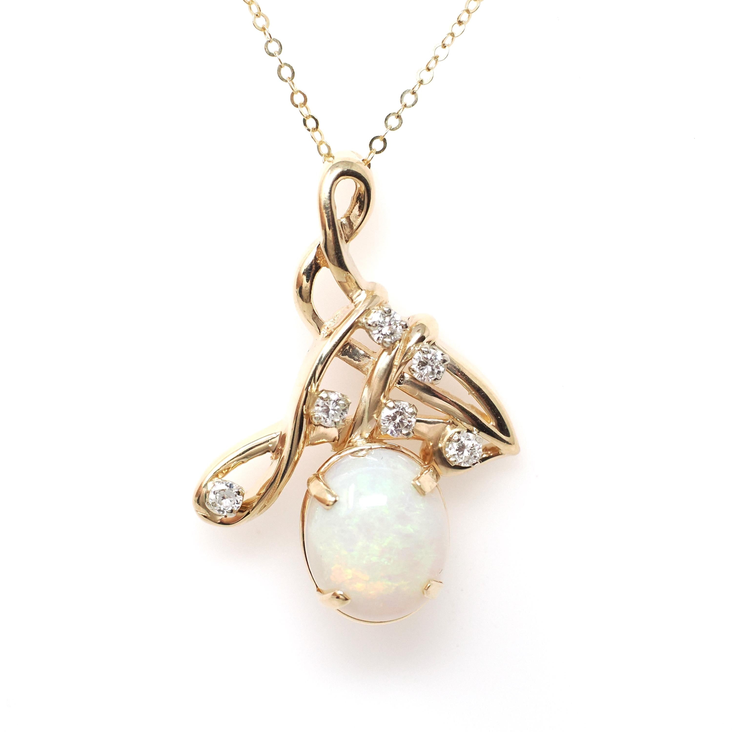 Opal & Diamond Pendant Necklace - Modern Era 14k Yellow Gold Freeform Swirl Cabochon Gemstone - Circa 1990s October Birthstone Fine Jewelry