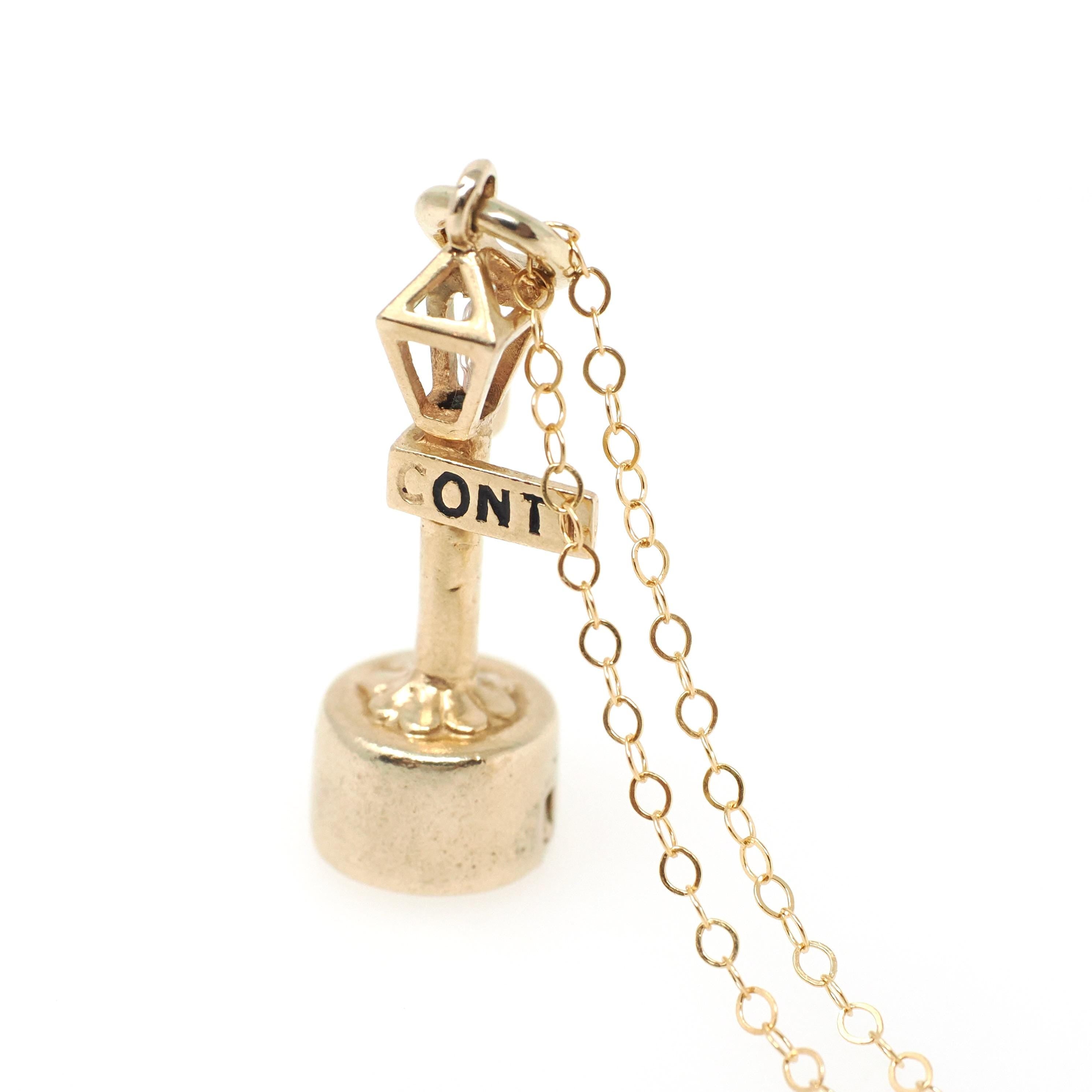 Vintage Lamppost Charm - Modernist 14k Yellow Gold Figural Battery Light Pendant Necklace - Circa 1970s New Orleans Bourbon St Fine Jewelry