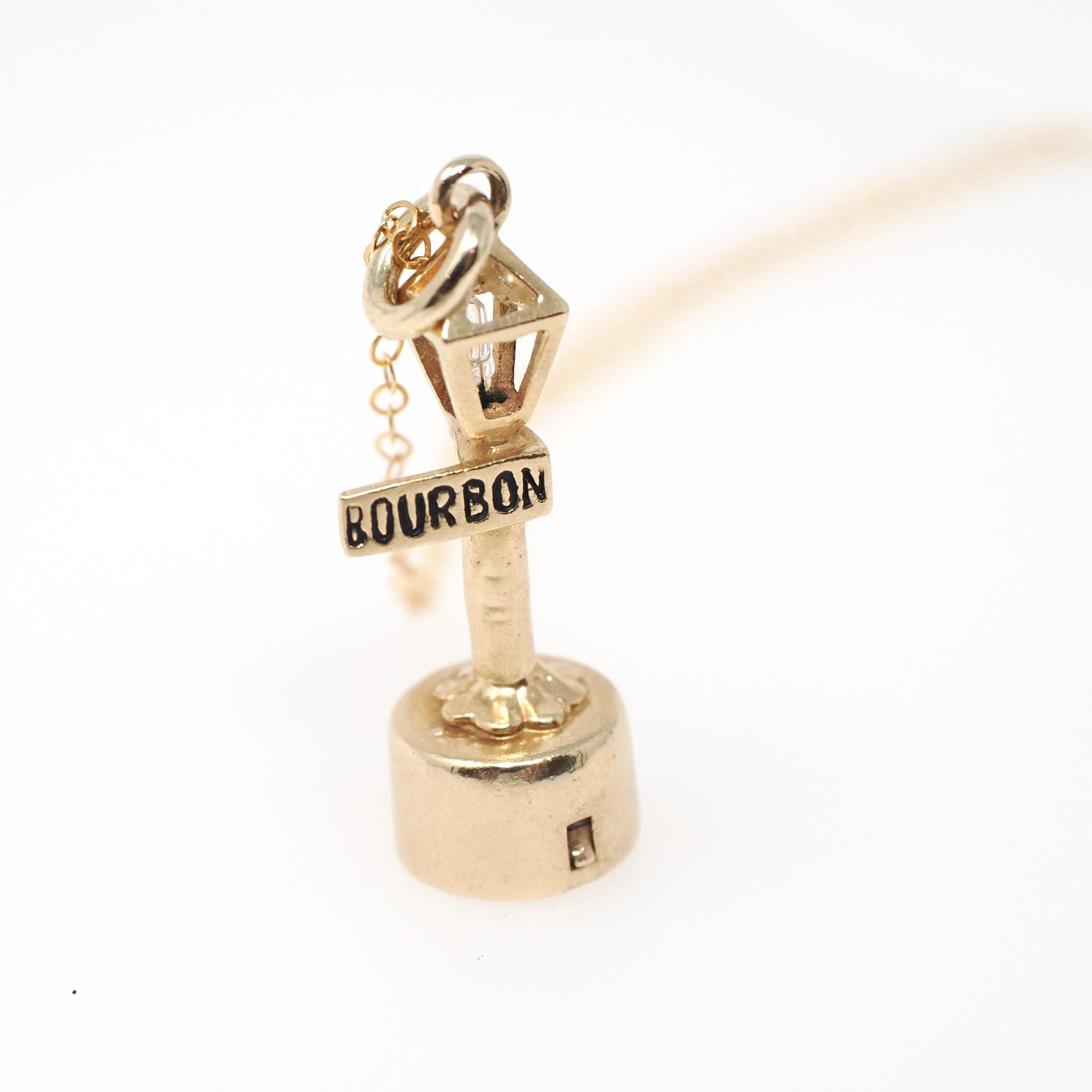 Vintage Lamppost Charm - Modernist 14k Yellow Gold Figural Battery Light Pendant Necklace - Circa 1970s New Orleans Bourbon St Fine Jewelry