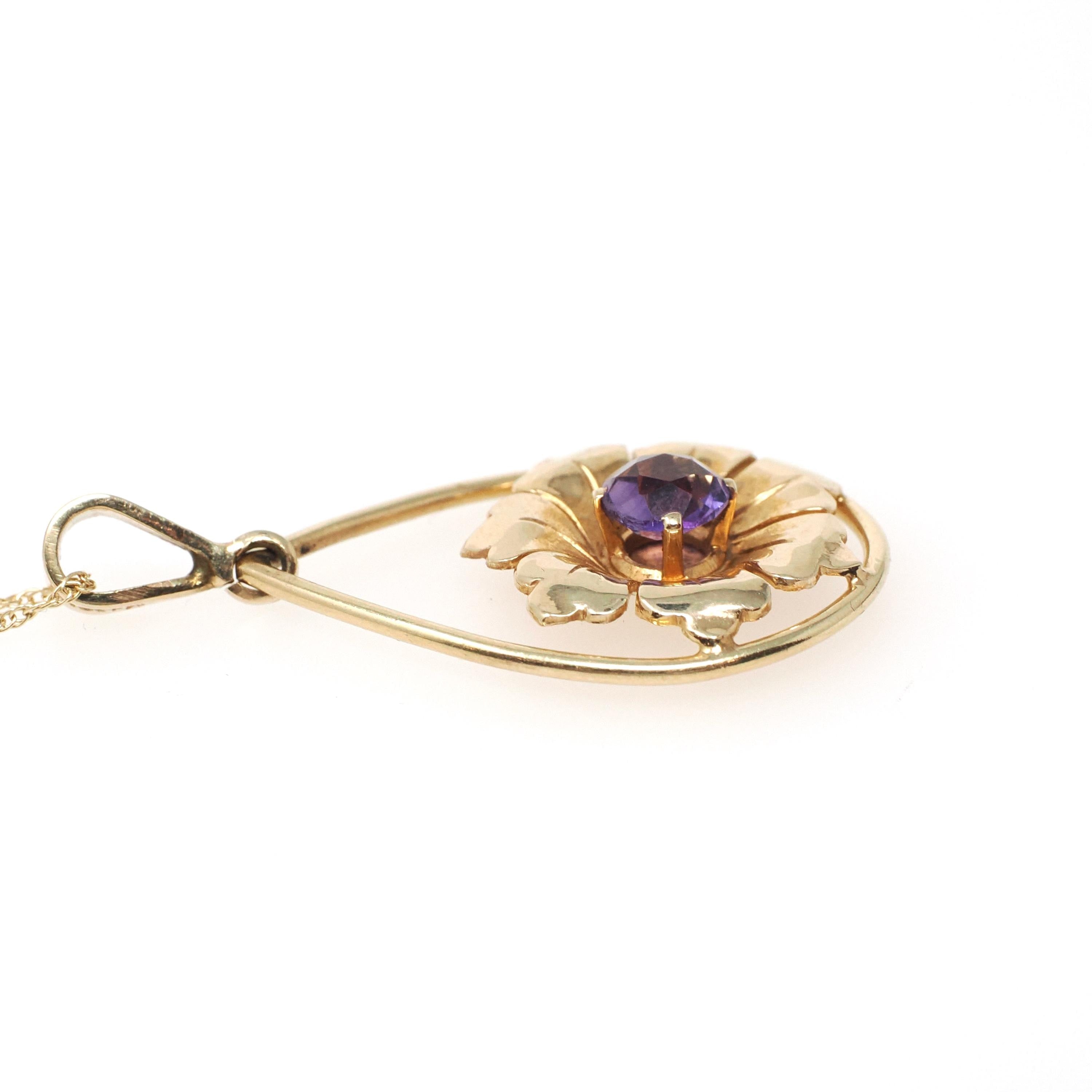 Vintage Amethyst Pendant - Retro 10k Yellow Natural Purple Gem Necklace - Circa 1940s Era Flower Teardrop Fine February Birthstone Jewelry