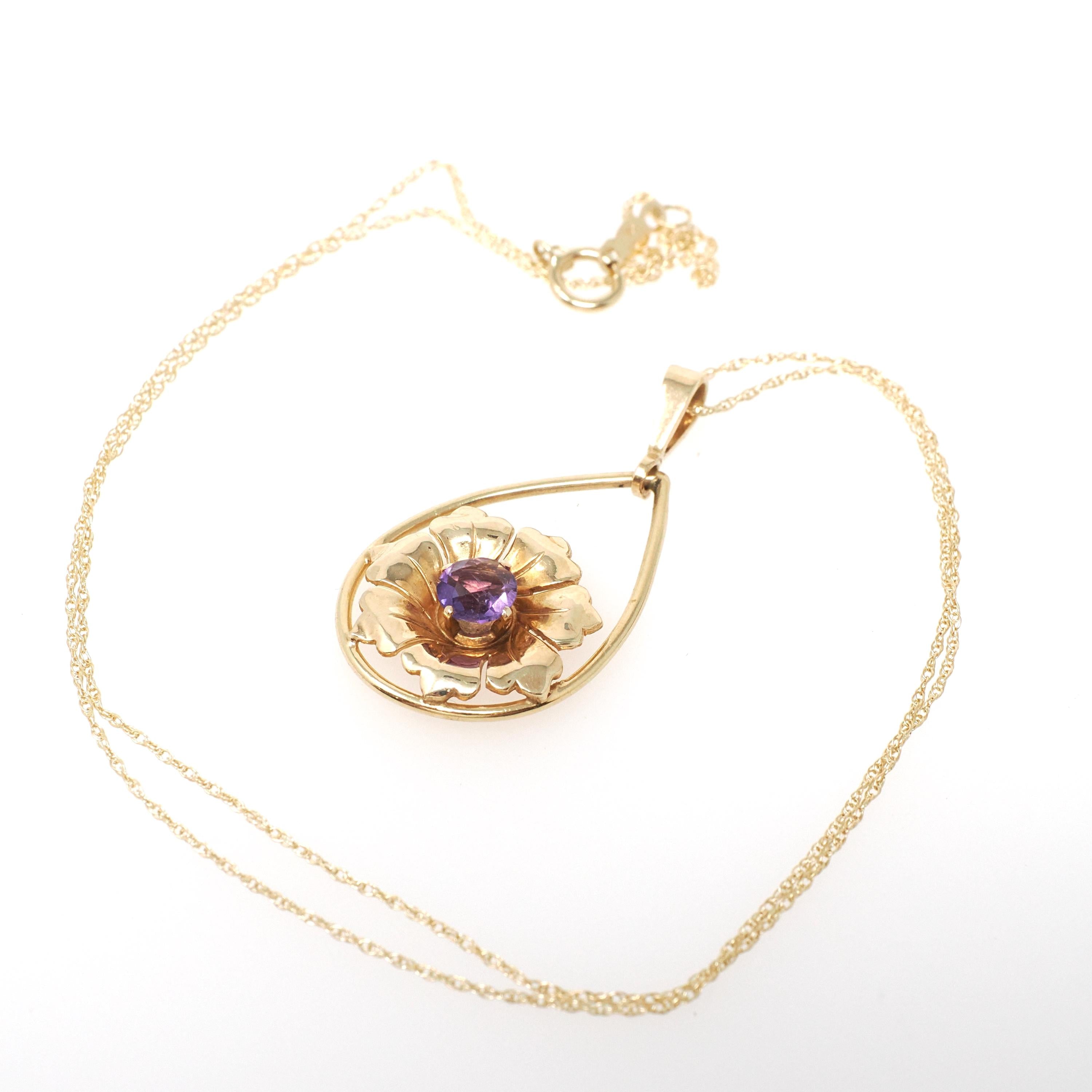 Vintage Amethyst Pendant - Retro 10k Yellow Natural Purple Gem Necklace - Circa 1940s Era Flower Teardrop Fine February Birthstone Jewelry