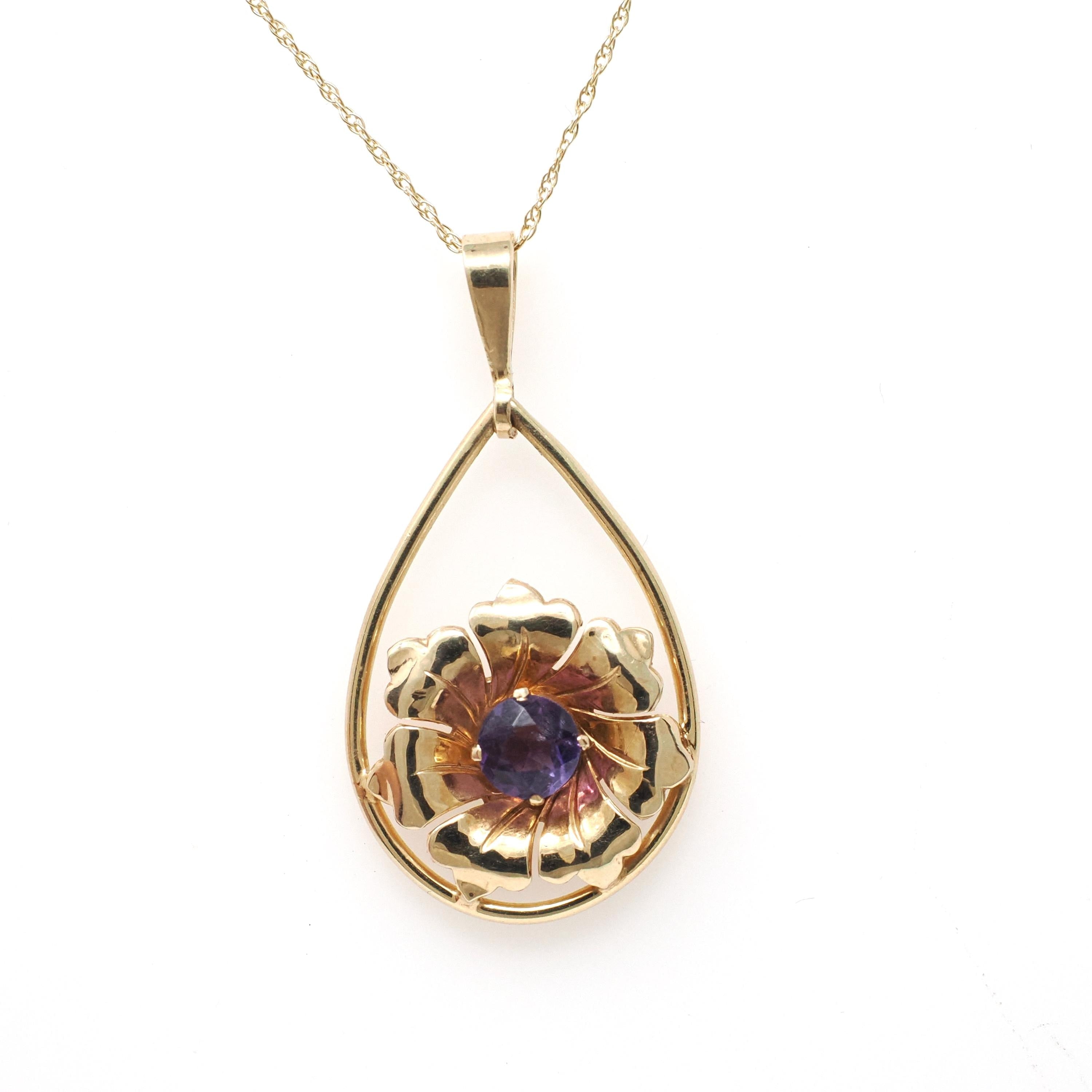 Vintage Amethyst Pendant - Retro 10k Yellow Natural Purple Gem Necklace - Circa 1940s Era Flower Teardrop Fine February Birthstone Jewelry