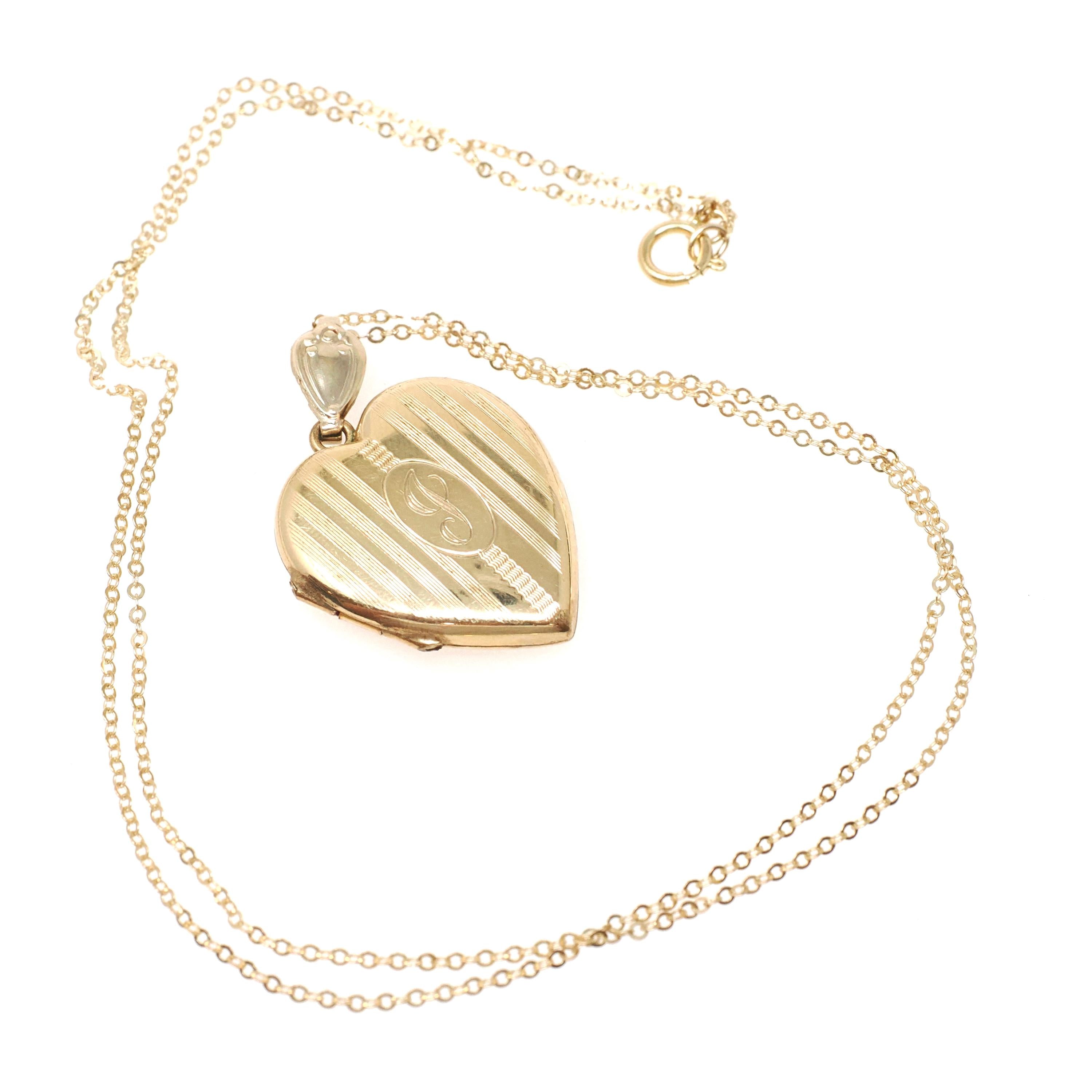 Letter "J" Locket - Retro 12k Gold Filled Engraved Initial Pendant Necklace - Vintage Circa 1940s Era Photograph Keepsake Hayward Jewelry