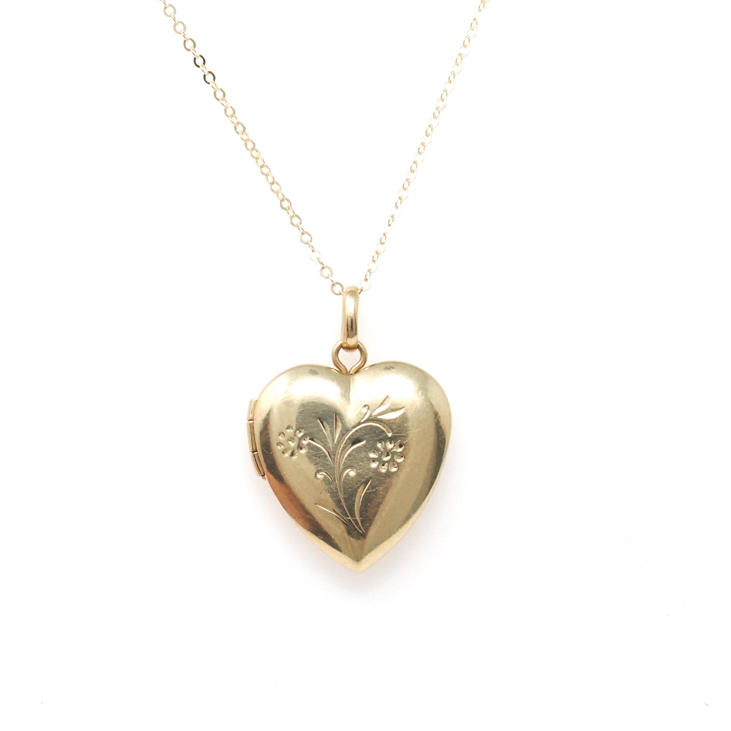 Vintage Heart Locket - Mid Century 14k Yellow Gold Flower Charm Necklace - Circa 1960s Era Fine Petite Photo Keepsake Ballou BAB Co Jewelry