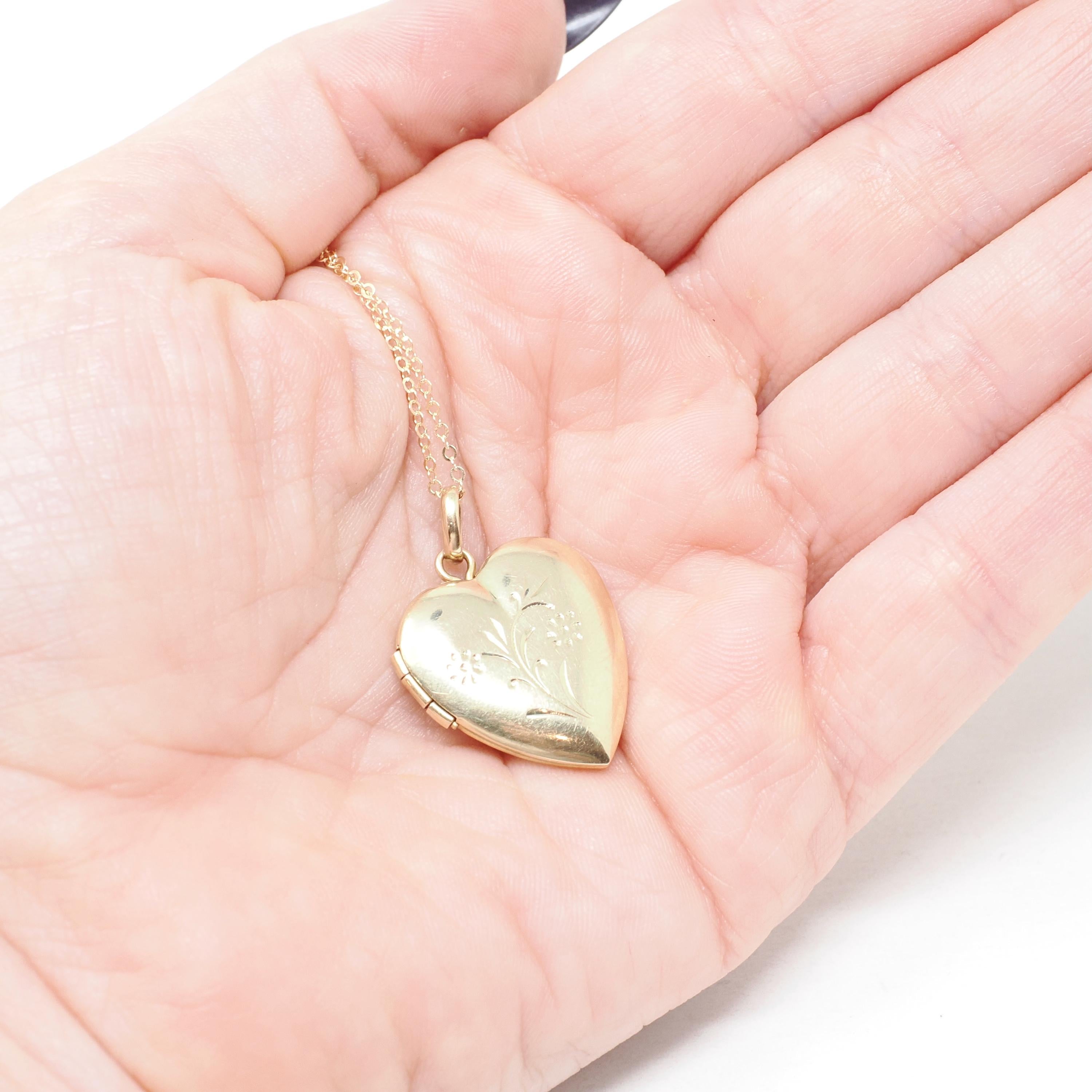 Vintage Heart Locket - Mid Century 14k Yellow Gold Flower Charm Necklace - Circa 1960s Era Fine Petite Photo Keepsake Ballou BAB Co Jewelry