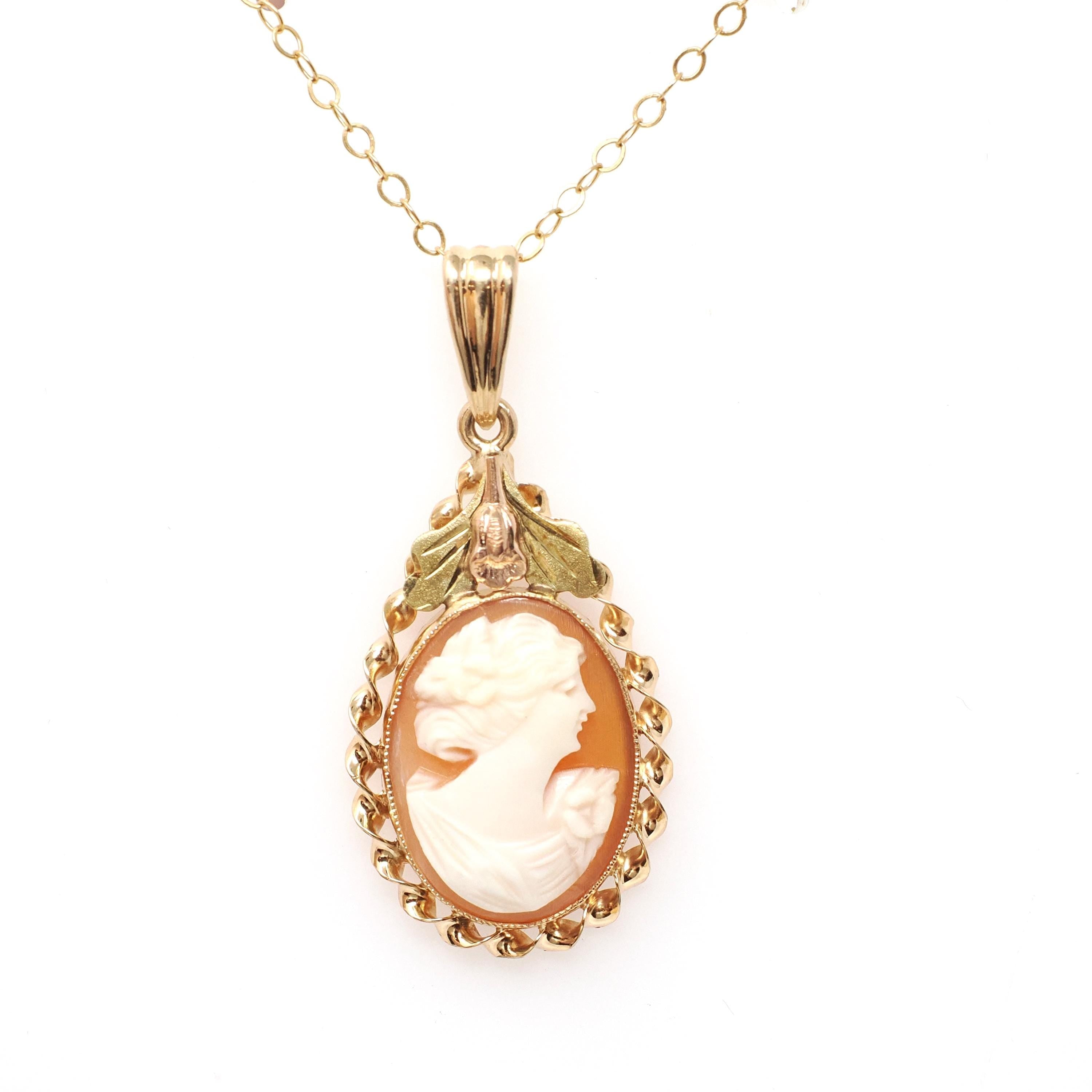Vintage Cameo Necklace - Retro 10k Yellow & Rose Gold Oval Carved Shell Woman's Profile Pendant - Circa 1940s Era Statement Fine BDA Jewelry