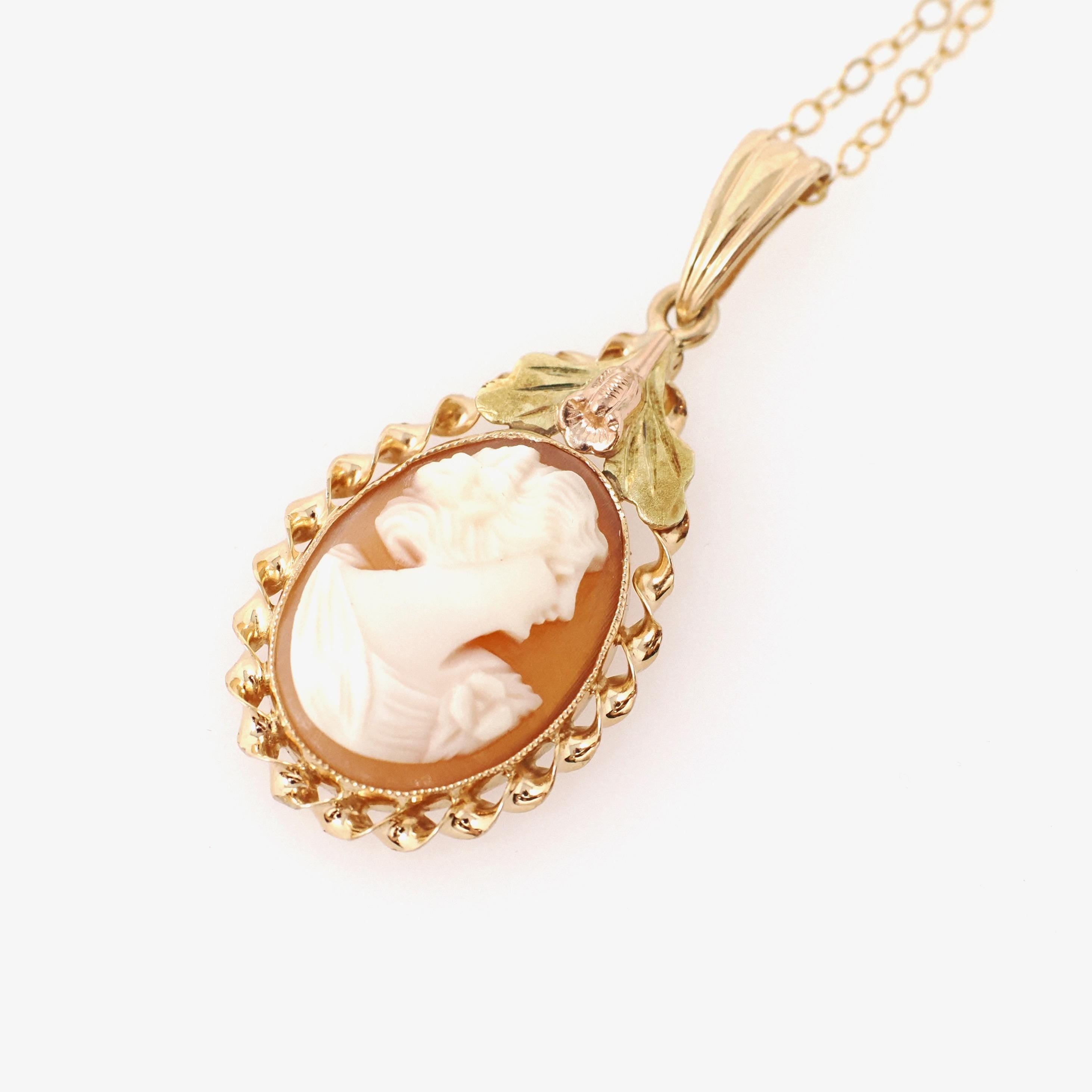 Vintage Cameo Necklace - Retro 10k Yellow & Rose Gold Oval Carved Shell Woman's Profile Pendant - Circa 1940s Era Statement Fine BDA Jewelry