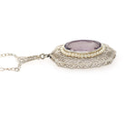Art Deco Necklace - Vintage 14k White Gold Natural Amethyst Cameo Lavalier - Circa 1930s Era Simulated Seed Pearl Halo Filigree Fine Jewelry