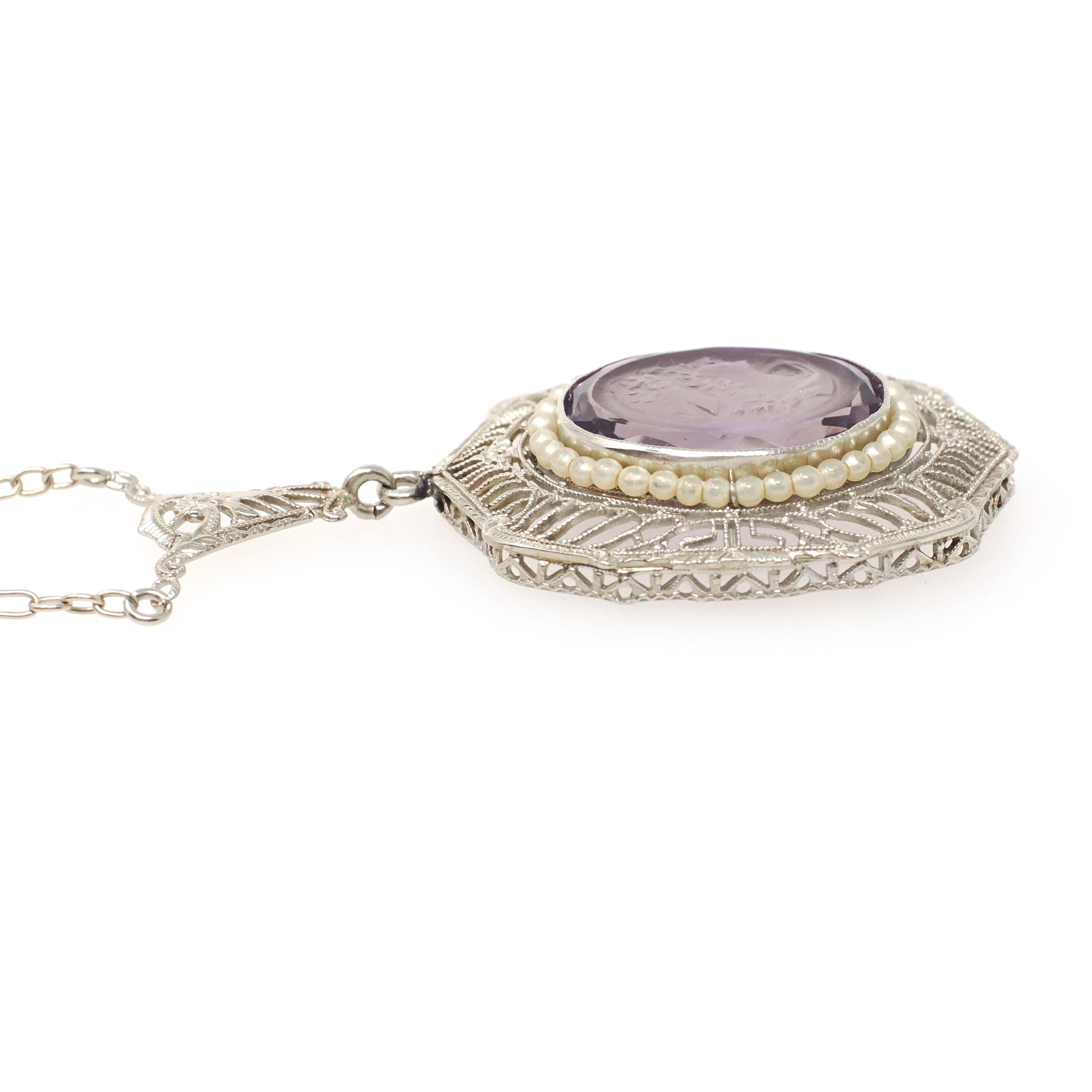 Art Deco Necklace - Vintage 14k White Gold Natural Amethyst Cameo Lavalier - Circa 1930s Era Simulated Seed Pearl Halo Filigree Fine Jewelry