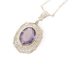Art Deco Necklace - Vintage 14k White Gold Natural Amethyst Cameo Lavalier - Circa 1930s Era Simulated Seed Pearl Halo Filigree Fine Jewelry