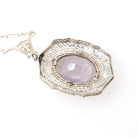 Art Deco Necklace - Vintage 14k White Gold Natural Amethyst Cameo Lavalier - Circa 1930s Era Simulated Seed Pearl Halo Filigree Fine Jewelry