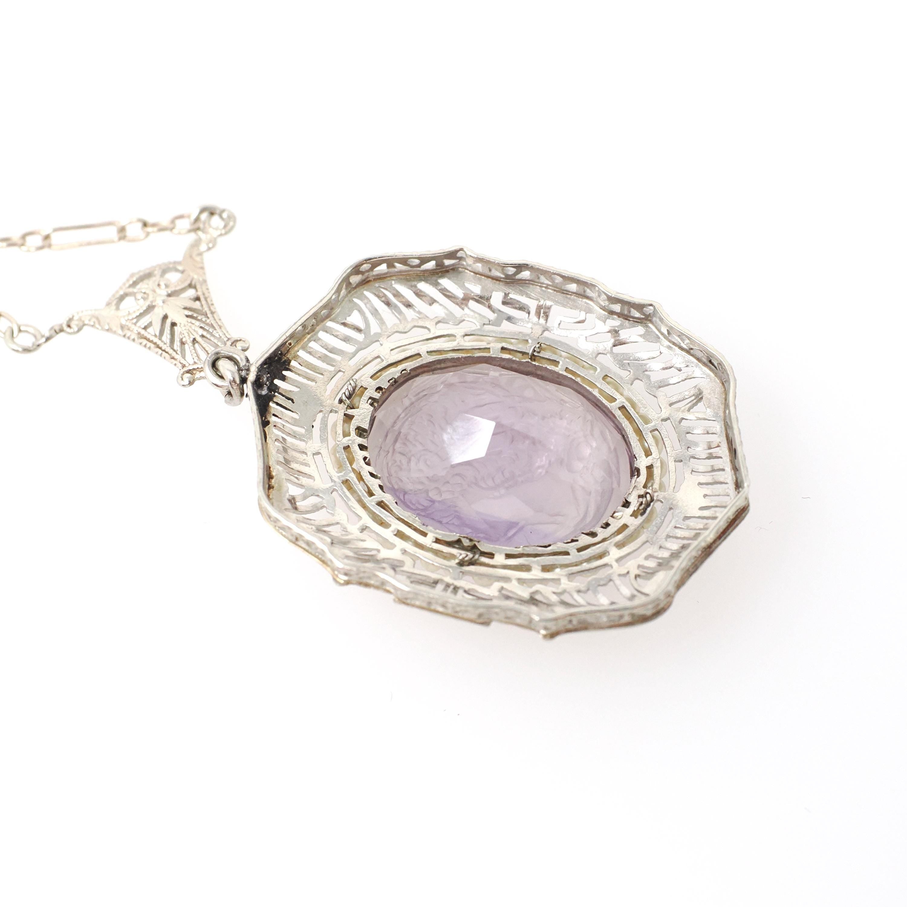 Art Deco Necklace - Vintage 14k White Gold Natural Amethyst Cameo Lavalier - Circa 1930s Era Simulated Seed Pearl Halo Filigree Fine Jewelry