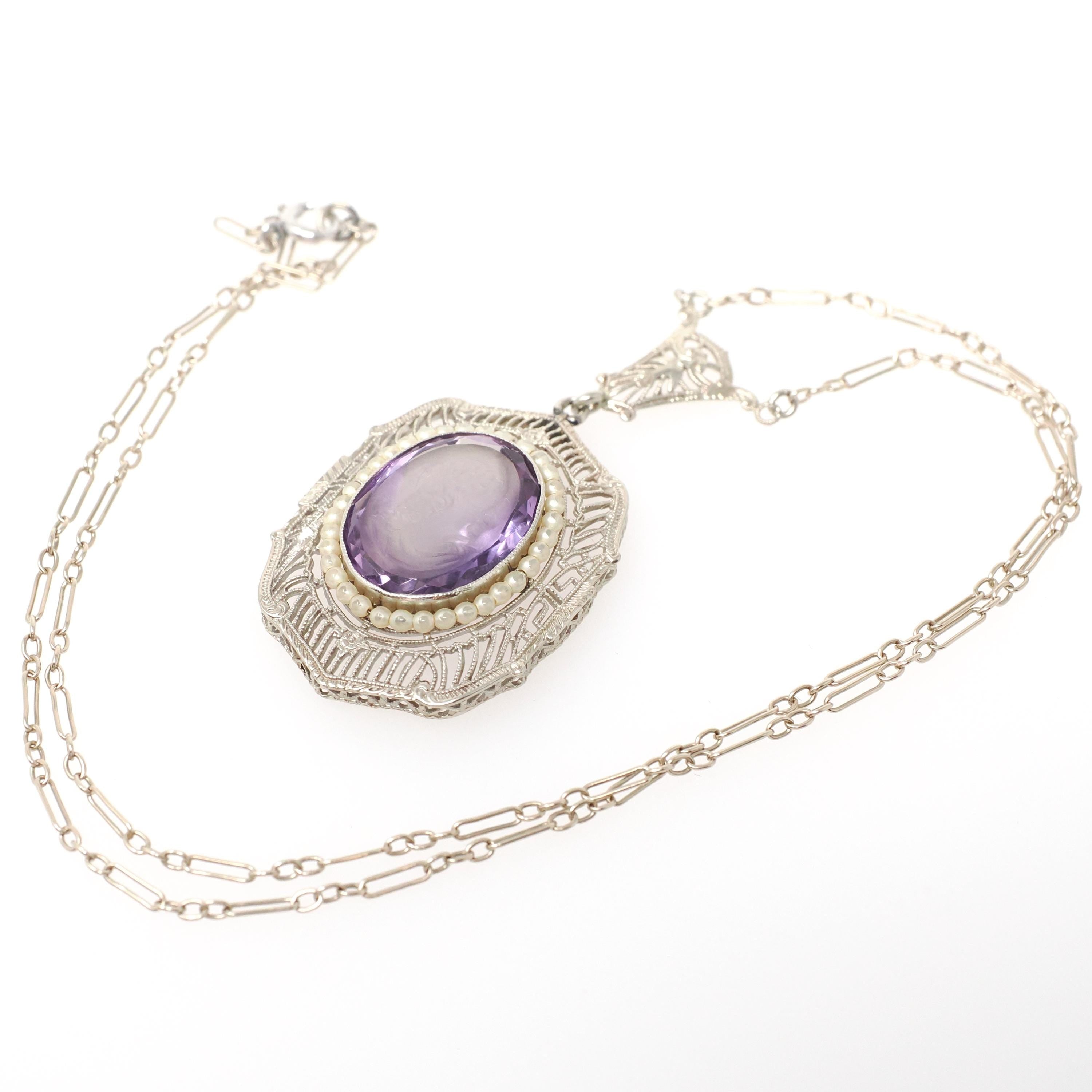 Art Deco Necklace - Vintage 14k White Gold Natural Amethyst Cameo Lavalier - Circa 1930s Era Simulated Seed Pearl Halo Filigree Fine Jewelry