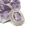 Art Deco Necklace - Vintage 14k White Gold Natural Amethyst Cameo Lavalier - Circa 1930s Era Simulated Seed Pearl Halo Filigree Fine Jewelry