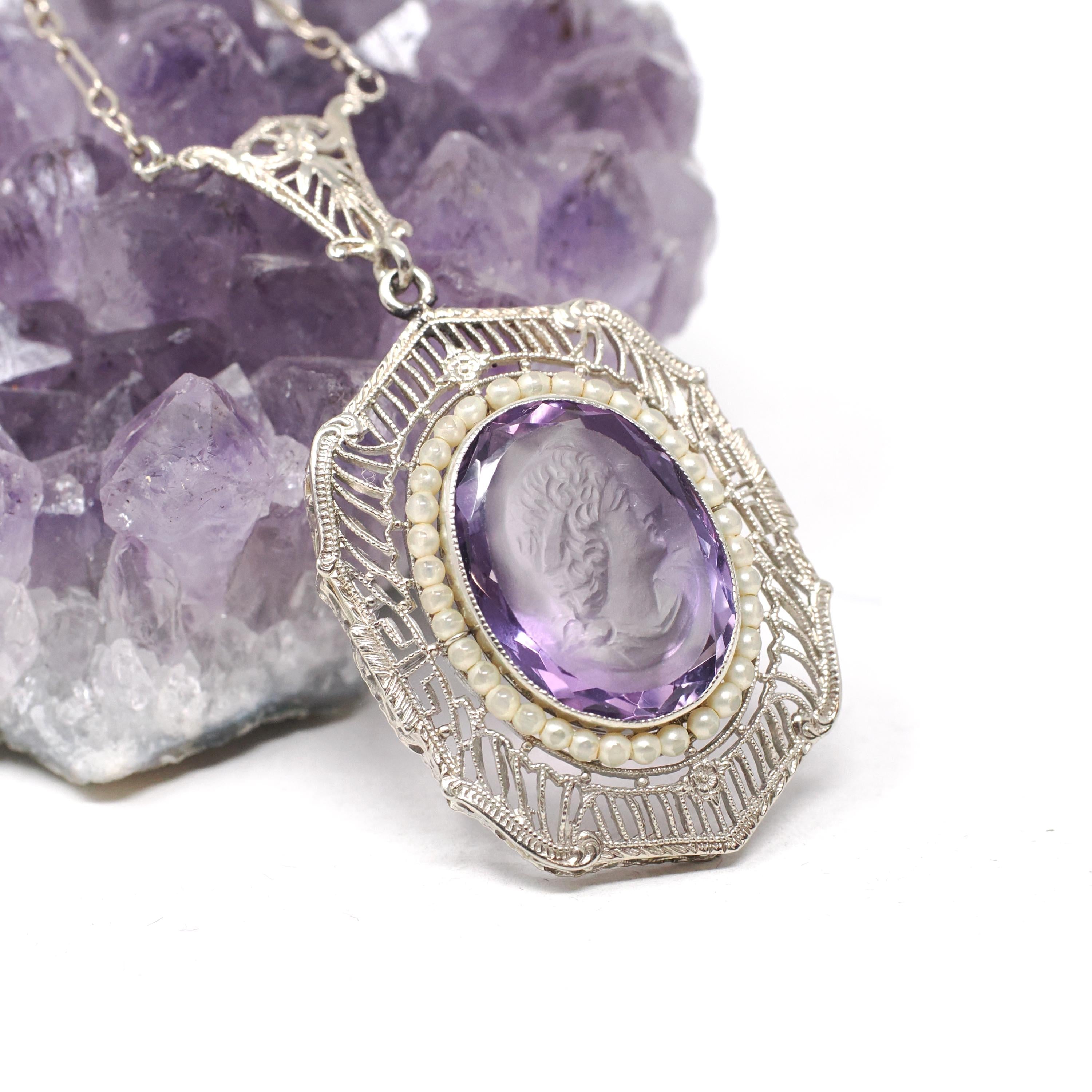 Art Deco Necklace - Vintage 14k White Gold Natural Amethyst Cameo Lavalier - Circa 1930s Era Simulated Seed Pearl Halo Filigree Fine Jewelry