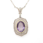 Art Deco Necklace - Vintage 14k White Gold Natural Amethyst Cameo Lavalier - Circa 1930s Era Simulated Seed Pearl Halo Filigree Fine Jewelry