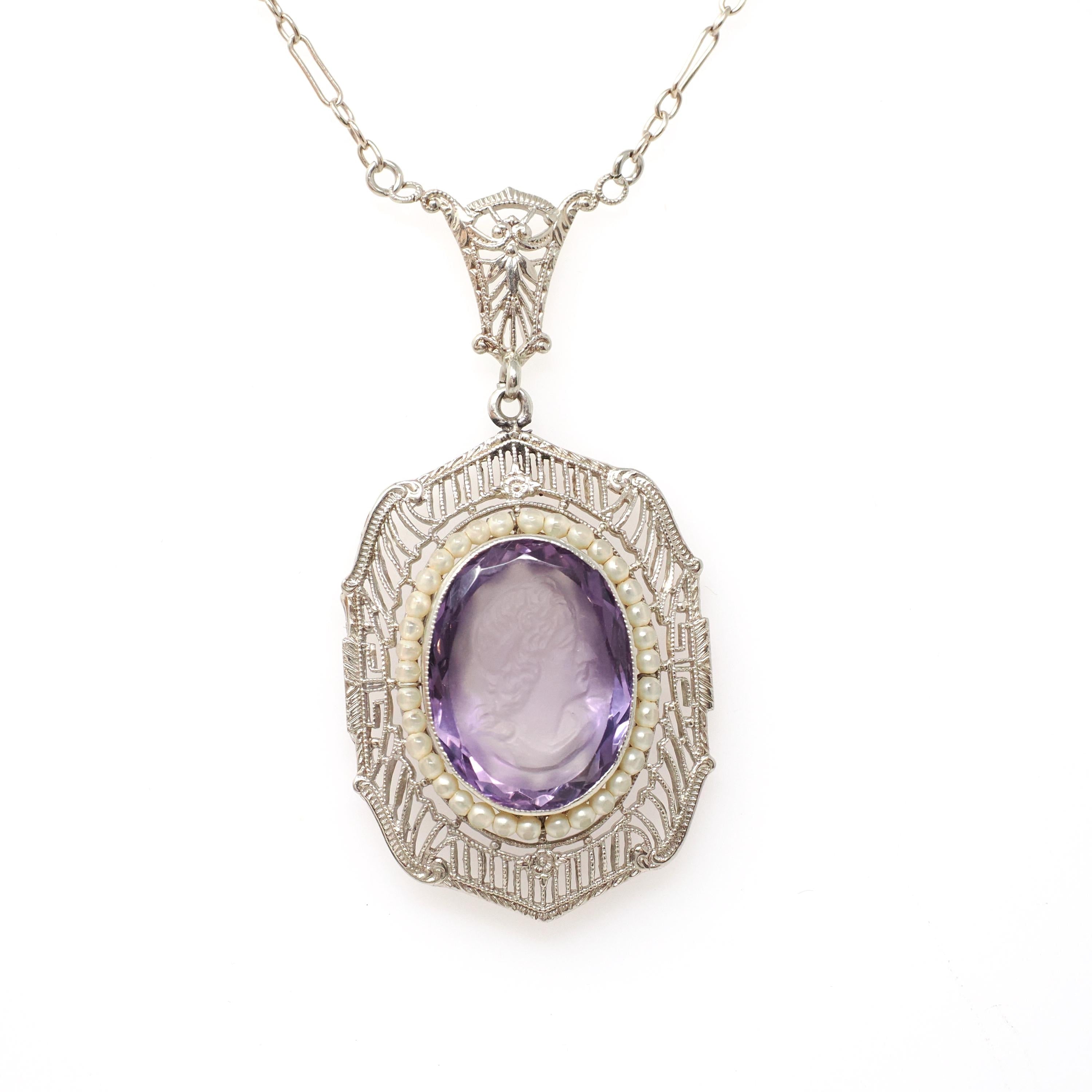 Art Deco Necklace - Vintage 14k White Gold Natural Amethyst Cameo Lavalier - Circa 1930s Era Simulated Seed Pearl Halo Filigree Fine Jewelry