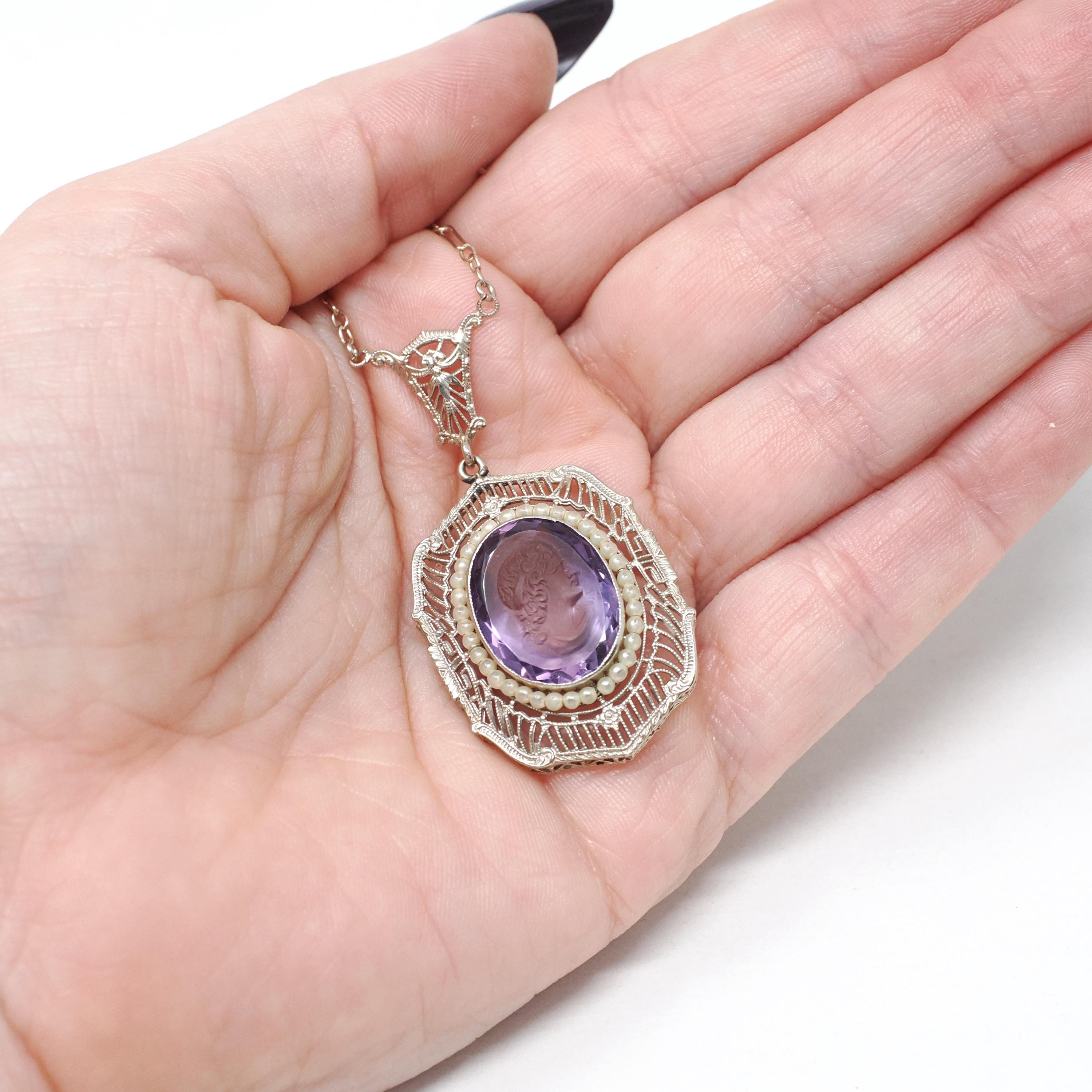 Art Deco Necklace - Vintage 14k White Gold Natural Amethyst Cameo Lavalier - Circa 1930s Era Simulated Seed Pearl Halo Filigree Fine Jewelry
